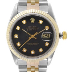 Rolex Datejust 18k Gold Steel Custom Black Diamond Dial Mens Watch 16013