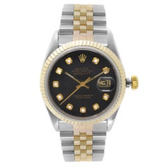 Rolex Datejust 18k Gold Steel Custom Black Diamond Dial Mens Watch 16013