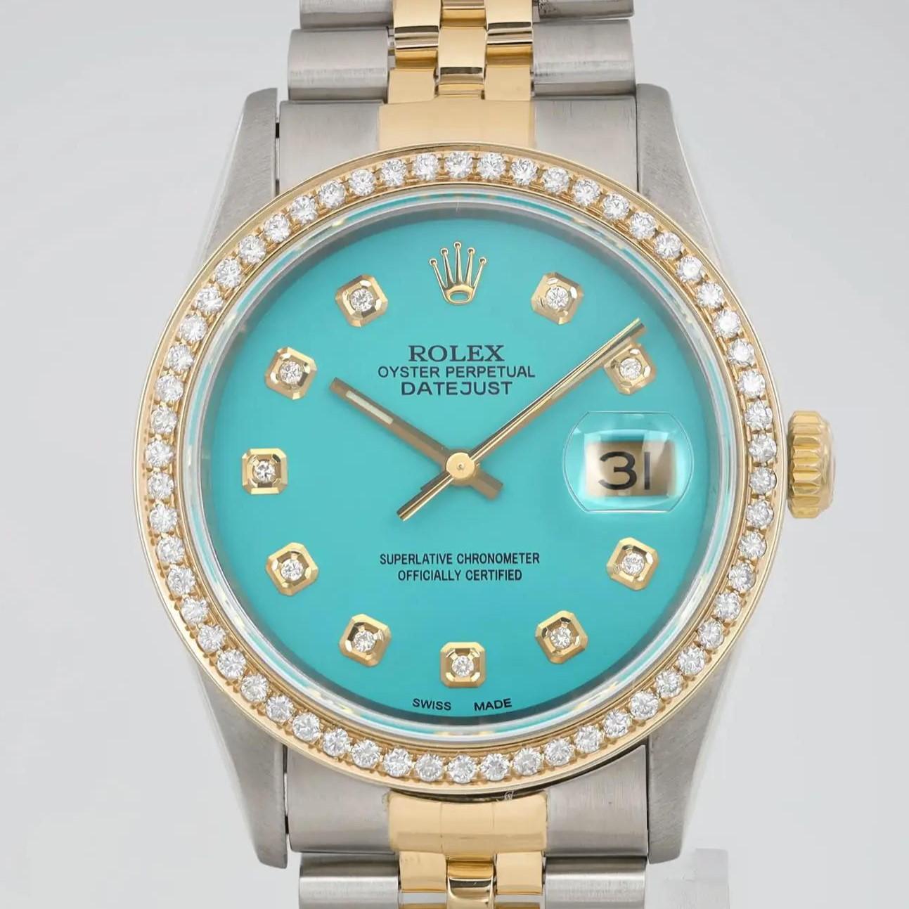 Pre-owned. Custom Diamond and bezel.

This Beautiful Timepiece is Powered by Mechanical (Automatic) Movement And Features a round Stainless Steel case and Gold Jubilee Bracelet, Fixed Gold Custom diamond Bezel, and Custom blue Dial with Diamond Hour