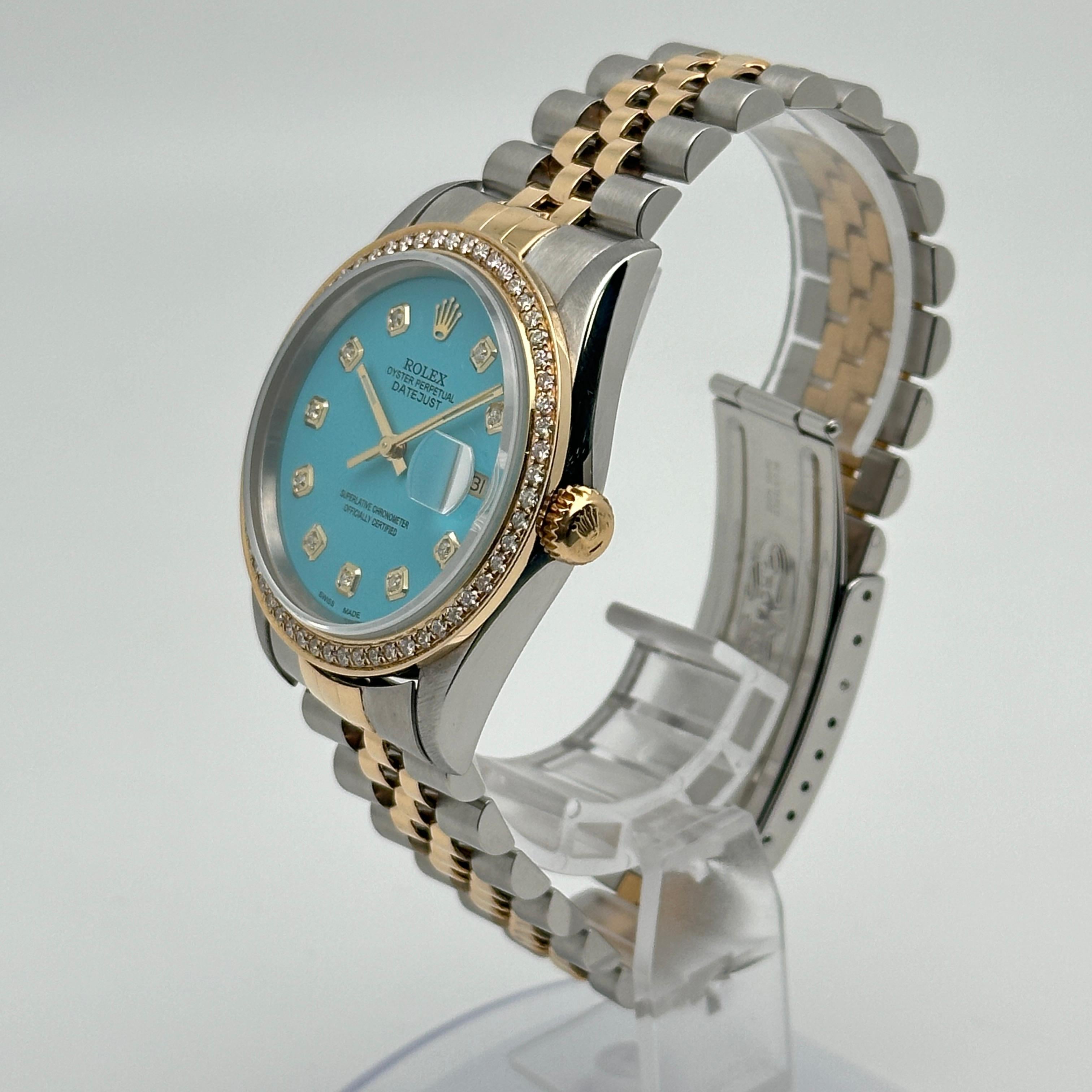 Rolex Datejust 36mm  18K Gold Steel Custom Turquoise Diamond Dial Watch 16233 For Sale 1