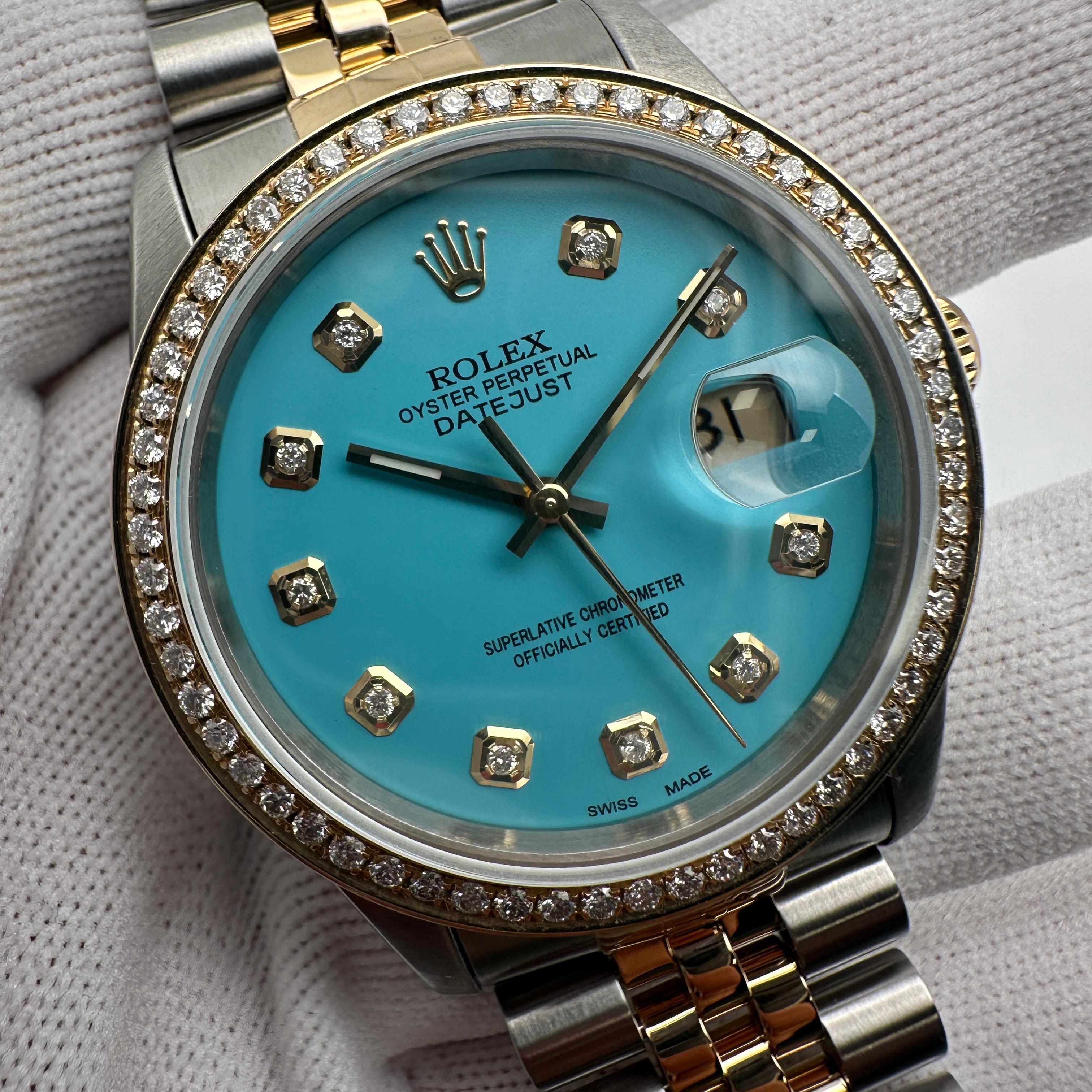 Rolex Datejust 36mm  18K Gold Steel Custom Turquoise Diamond Dial Watch 16233 For Sale 2