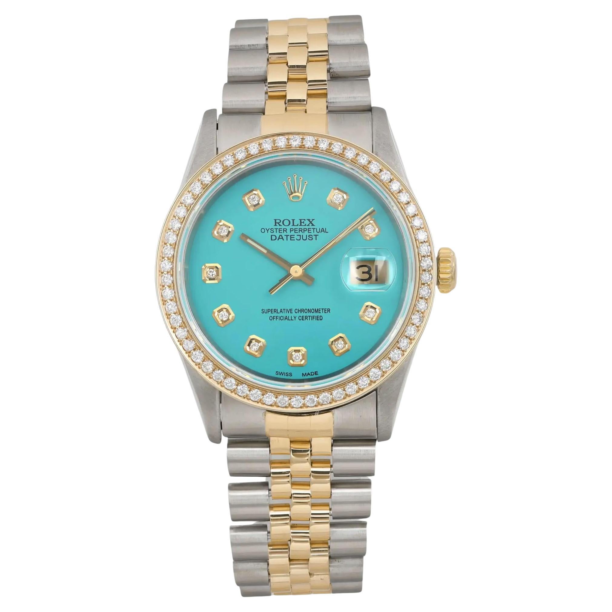 Rolex Datejust 36mm  18 Karat Gold Stahl maßgefertigte Türkis-Diamant-Zifferblatt-Uhr 16233