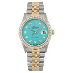 Rolex Datejust 36mm  18K Gold Steel Custom Turquoise Diamond Dial Watch 16233