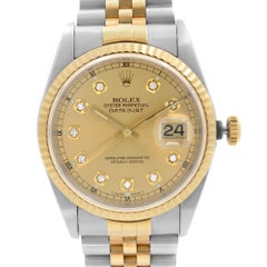 Rolex Datejust 18K Gold Steel Factory Diamond Dial Mens Watch 16233
