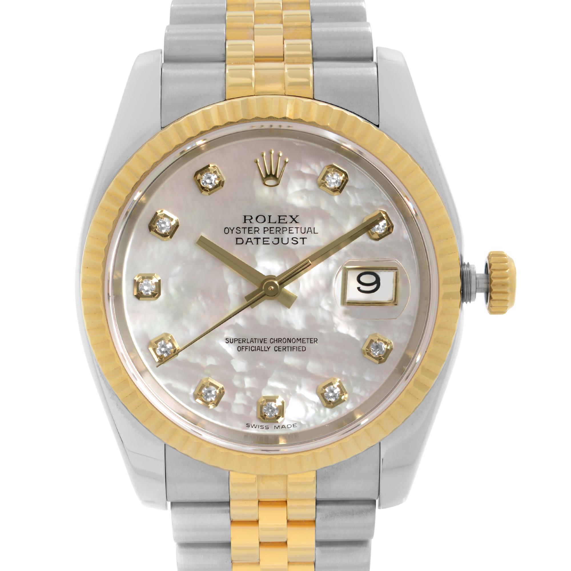 Pre-owned Rolex Datejust 36 18k Yellow Gold MOP Factory Diamond Dial Automatic Men's Watch 116233. This Beautiful Timepiece was Produced in 2006 and is Powered by a Automatic Movement and Features: Stainless Steel Case with a Two-Tone Jubilee
