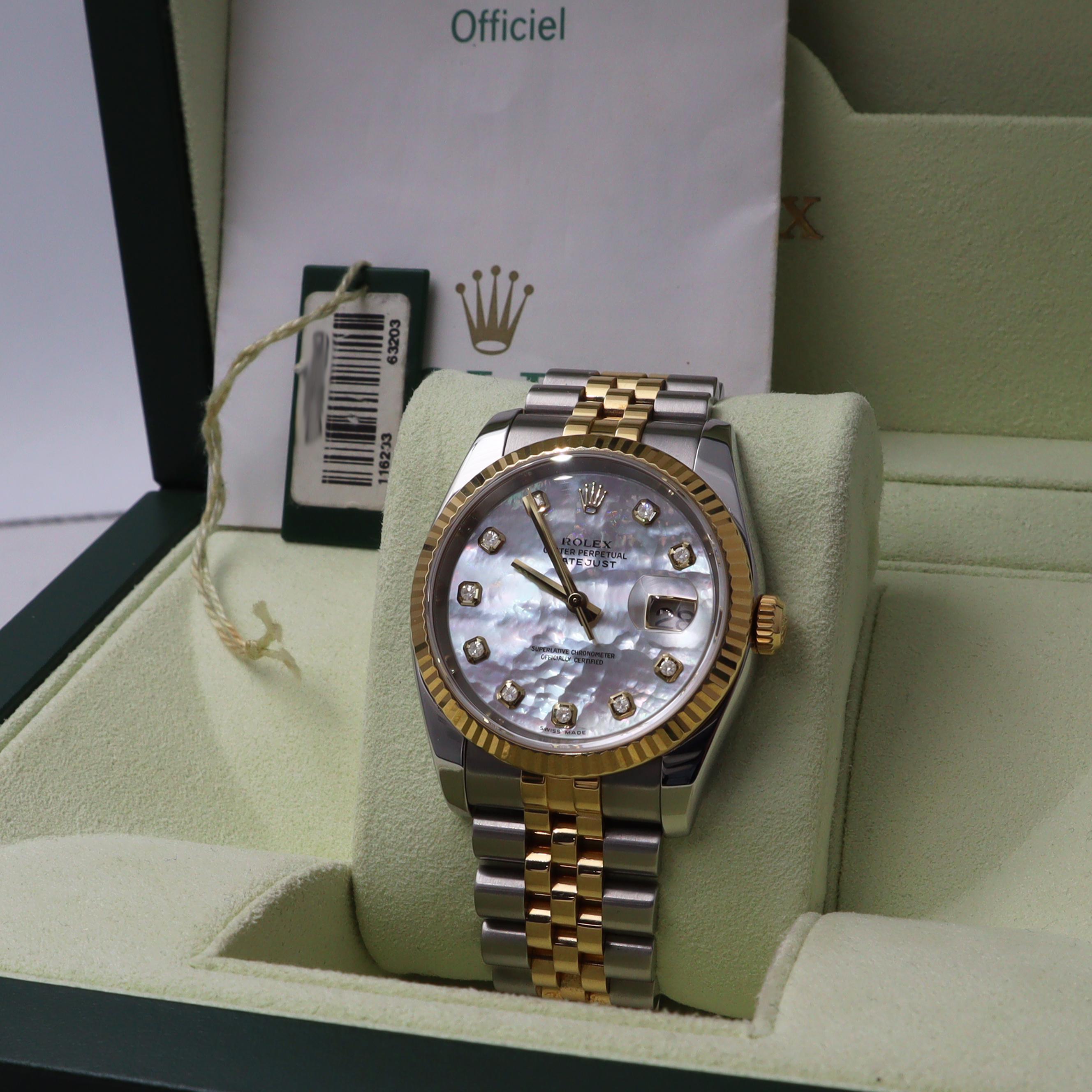 Men's Rolex Datejust 36mm 18k Gold Steel MOP Diamond Dial Automatic Mens Watch 116233