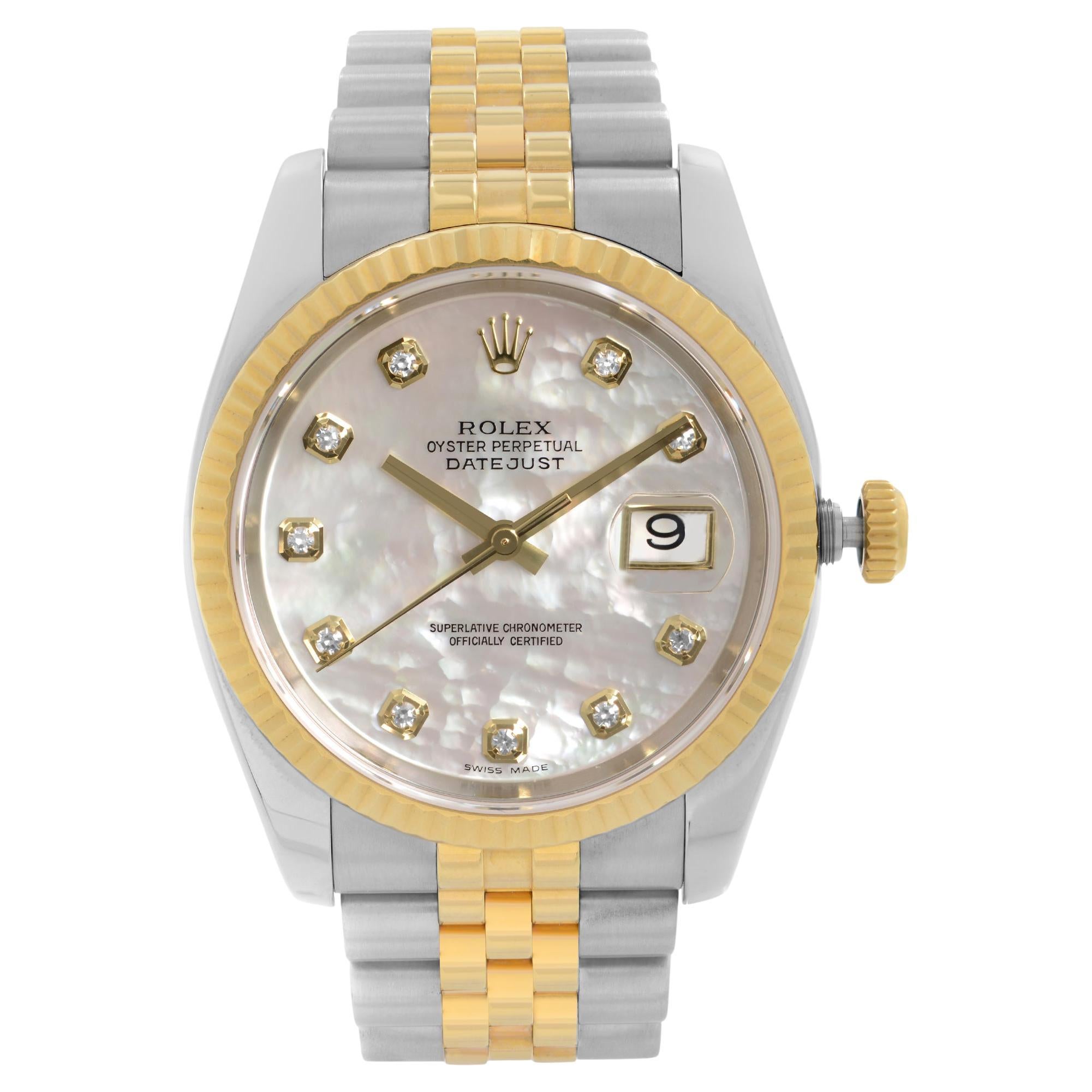 Rolex Datejust 36mm 18k Gold Steel MOP Diamond Dial Automatic Mens Watch 116233