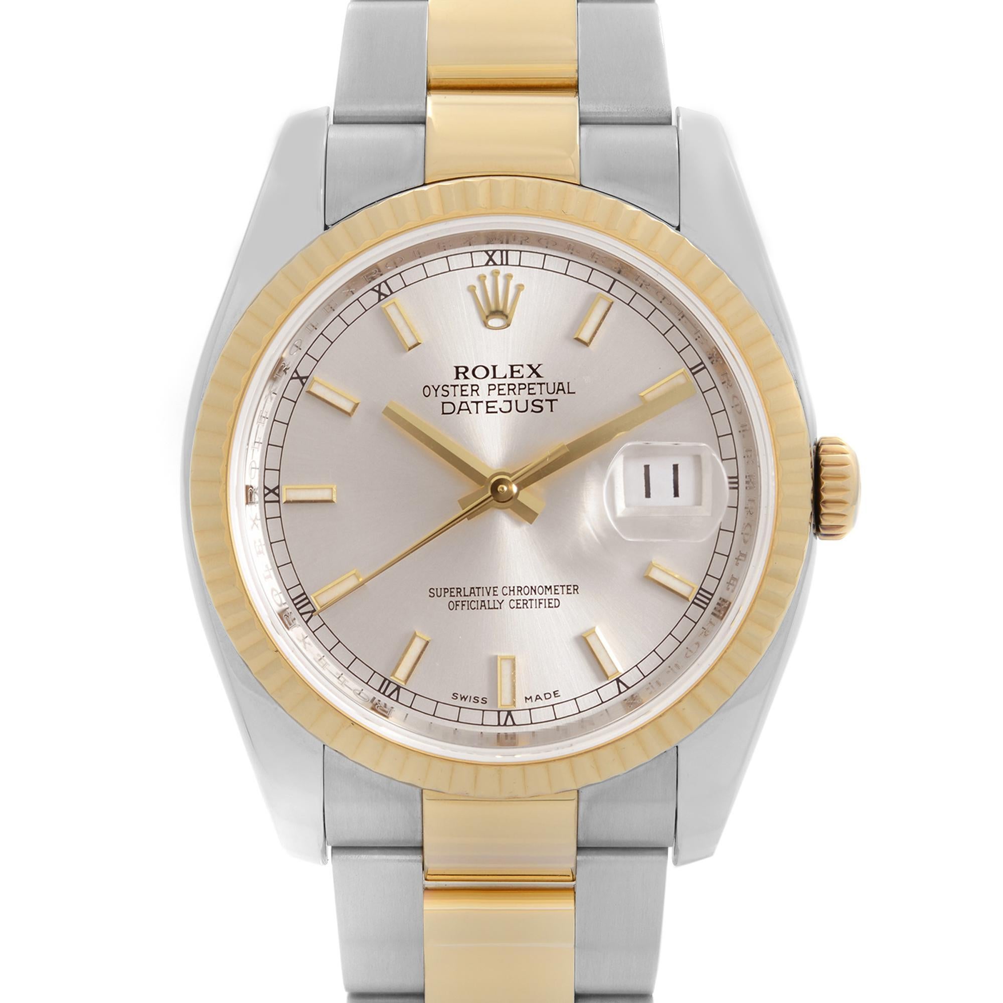 Pre-Owned Rolex Datejust 36mm 18K Yellow Gold Steel Silver Dial Automatic Men Watch 116233. Card is Pealing From the Top Right Corner. This Beautiful Timepiece Comes with a 2008 Card and is Powered by a Mechanical (Automatics) Movement and Features: