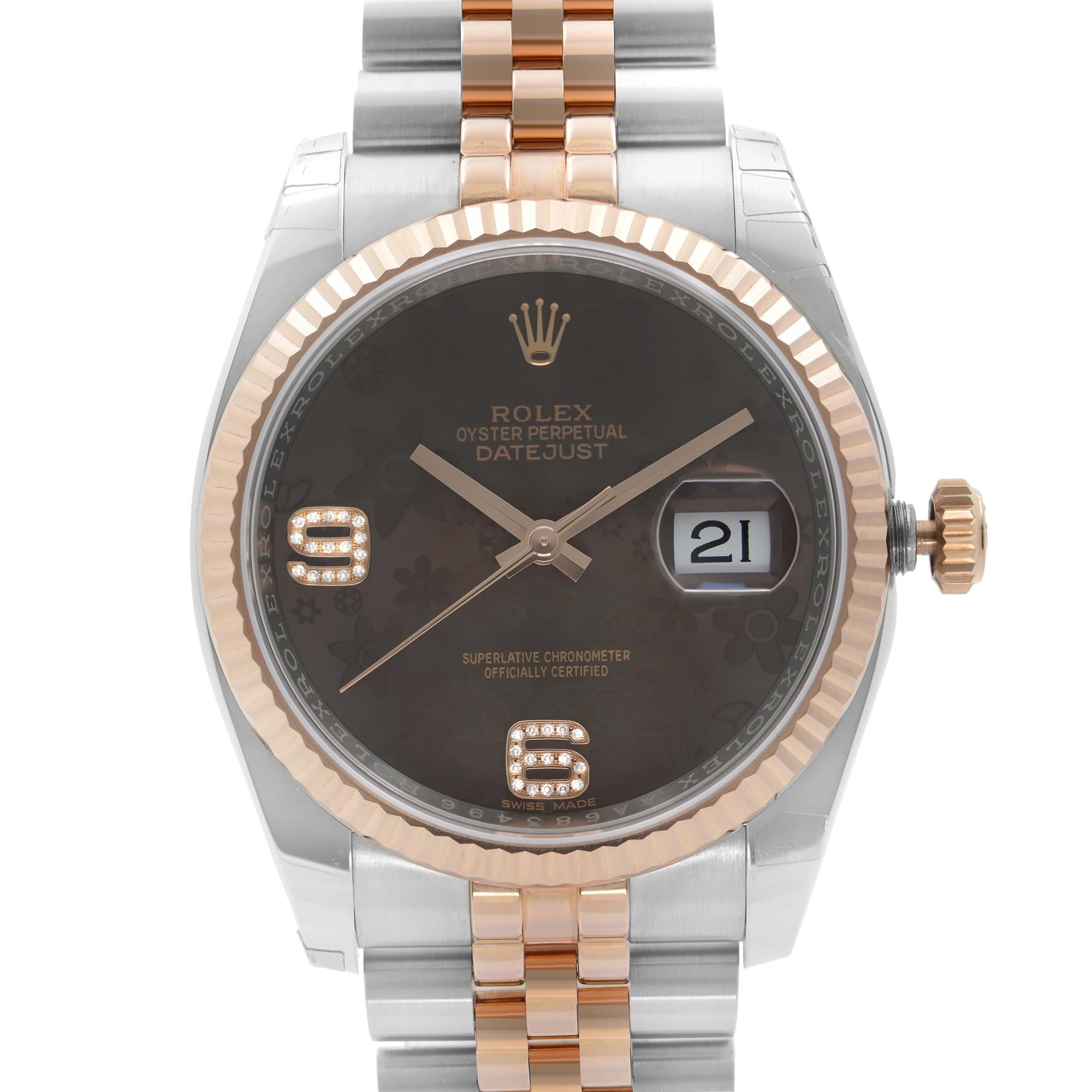 Store Display Model Partially Stickered Case. Rolex Oyster Perpetual Datejust Stainless Steel and 18kt Everose Gold Chocolate Floral Motif Dial Automatic Ladies Watch 116231CHFDAJ. This Beautiful Timepiece Features: Stainless Steel Case with a