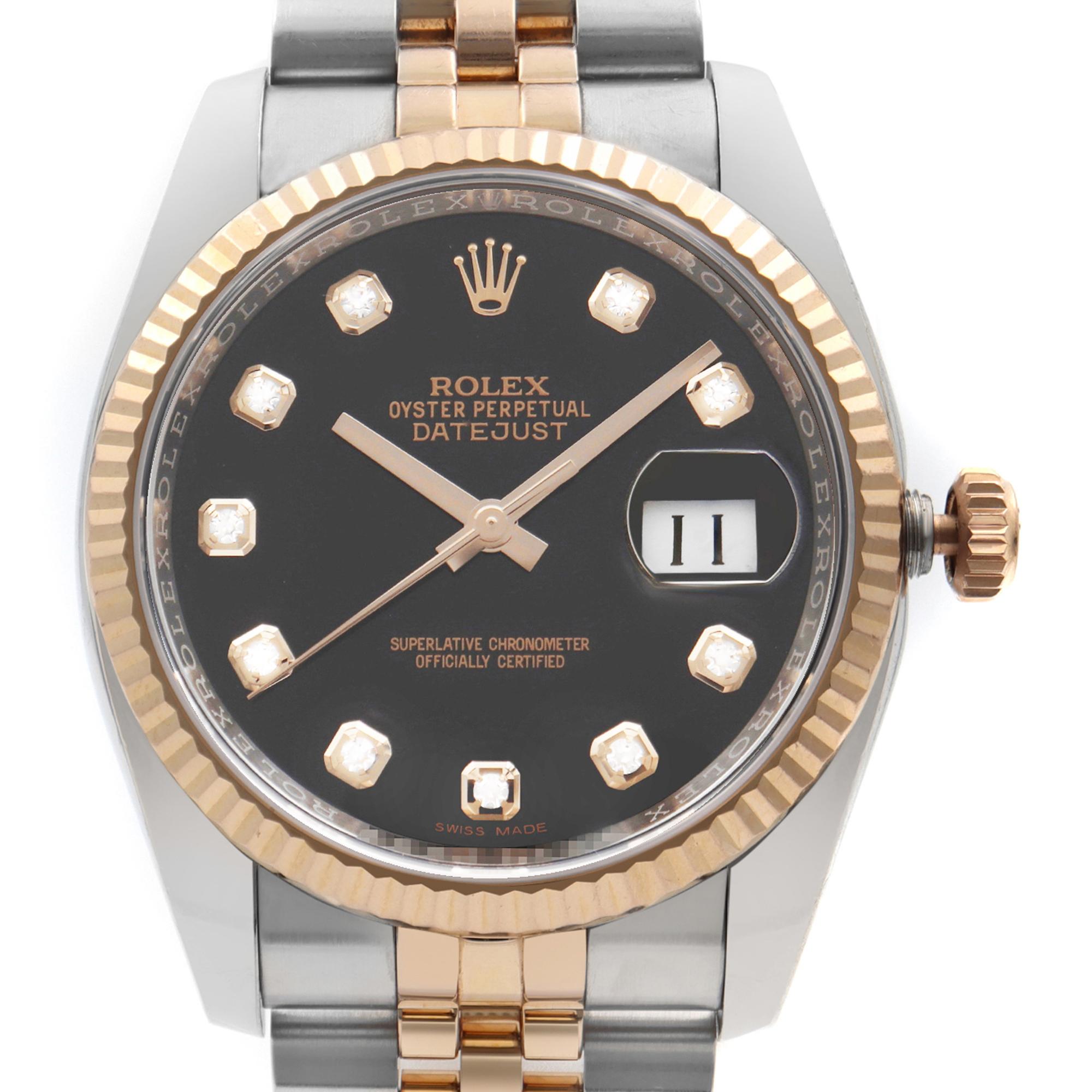 Factory Black Diamond dial. Pre-owned Rolex Oyster Perpetual Datejust Diamond Black Dial Men's Watch. This Beautiful Timepiece Features:  Steel with Polished Solid 18k Everose Gold Jubilee Bracelet. No Original Box and Papers are Included. Comes