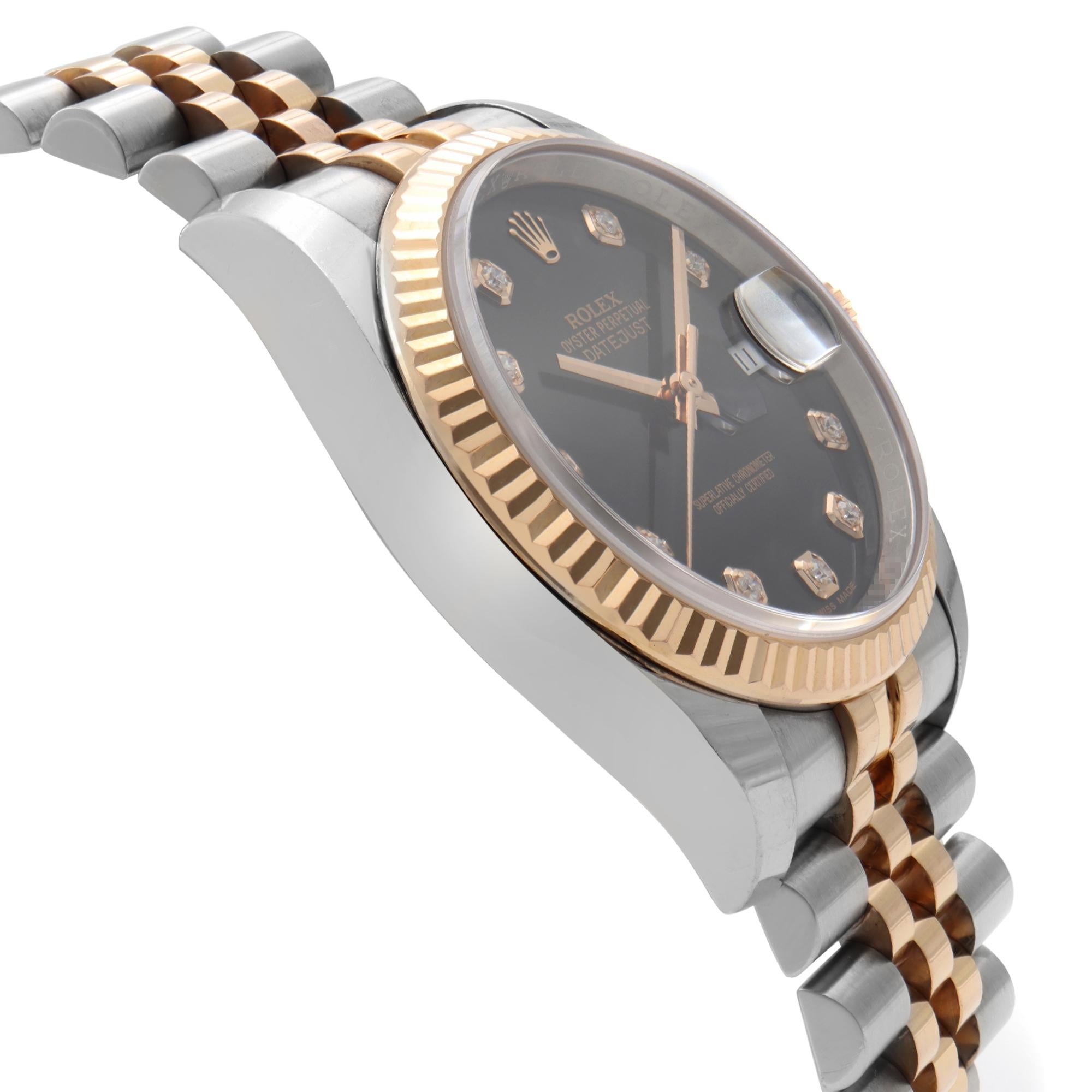 Rolex Datejust 18k Rose Gold Steel Diamond Black Dial Men's Watch 116231BKDJ In Excellent Condition In New York, NY