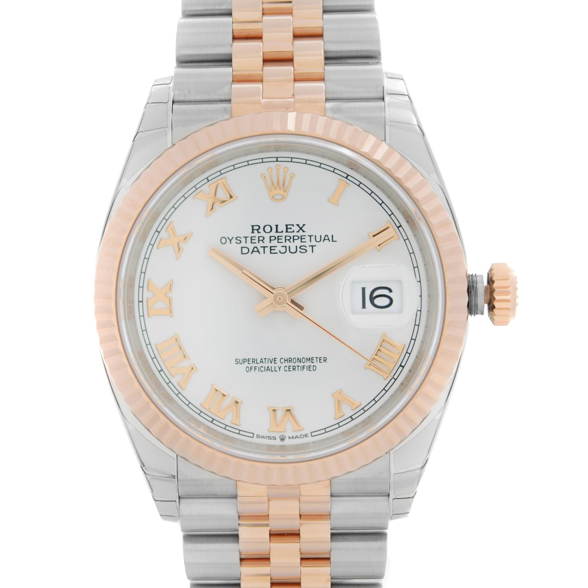 Unworn 2021 Card. Rolex Datejust 36 mm 18k Everose Gold Stainless Steel White Dial Men's Automatic Watch 126231WRJ. This Timepiece is powered by an Automatic Movement and Features: Polished Steel Round Case. Stainless Steel and 18kt Everose Gold