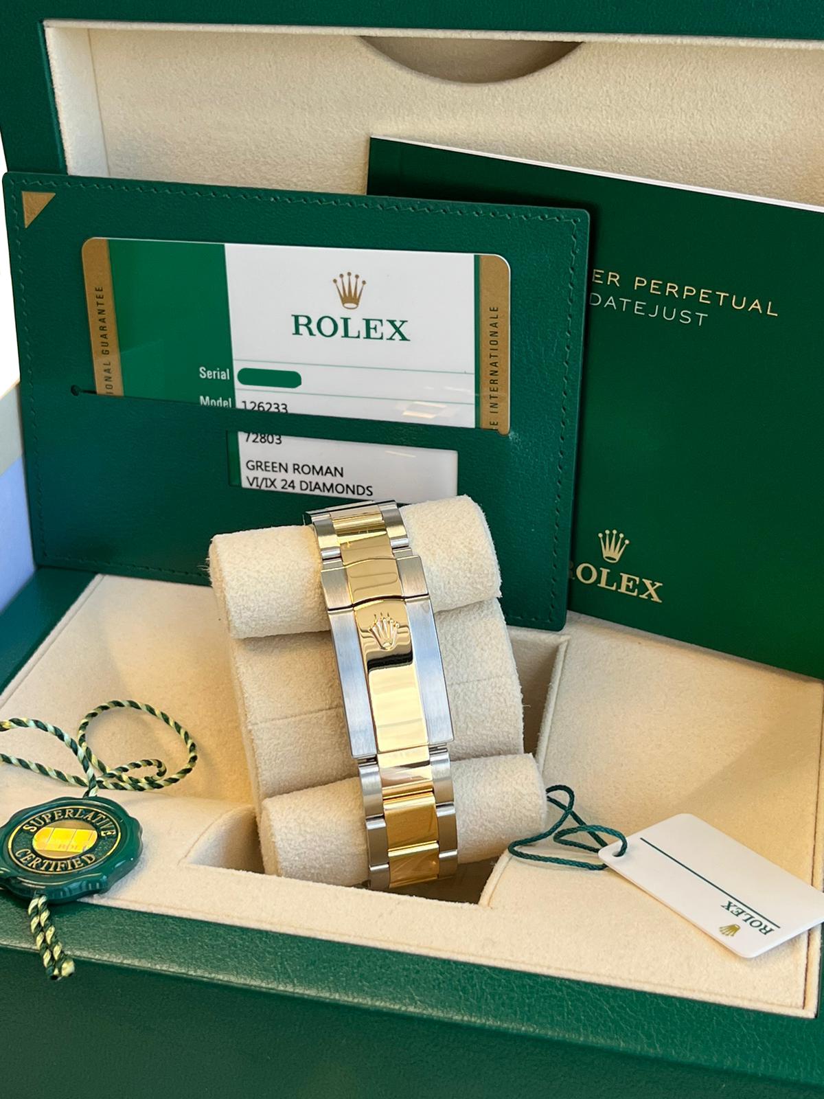 Rolex Datejust 36mm 18K Yellow Gold Fluted Olive Green Roman VI IX Dial 126233 For Sale 6