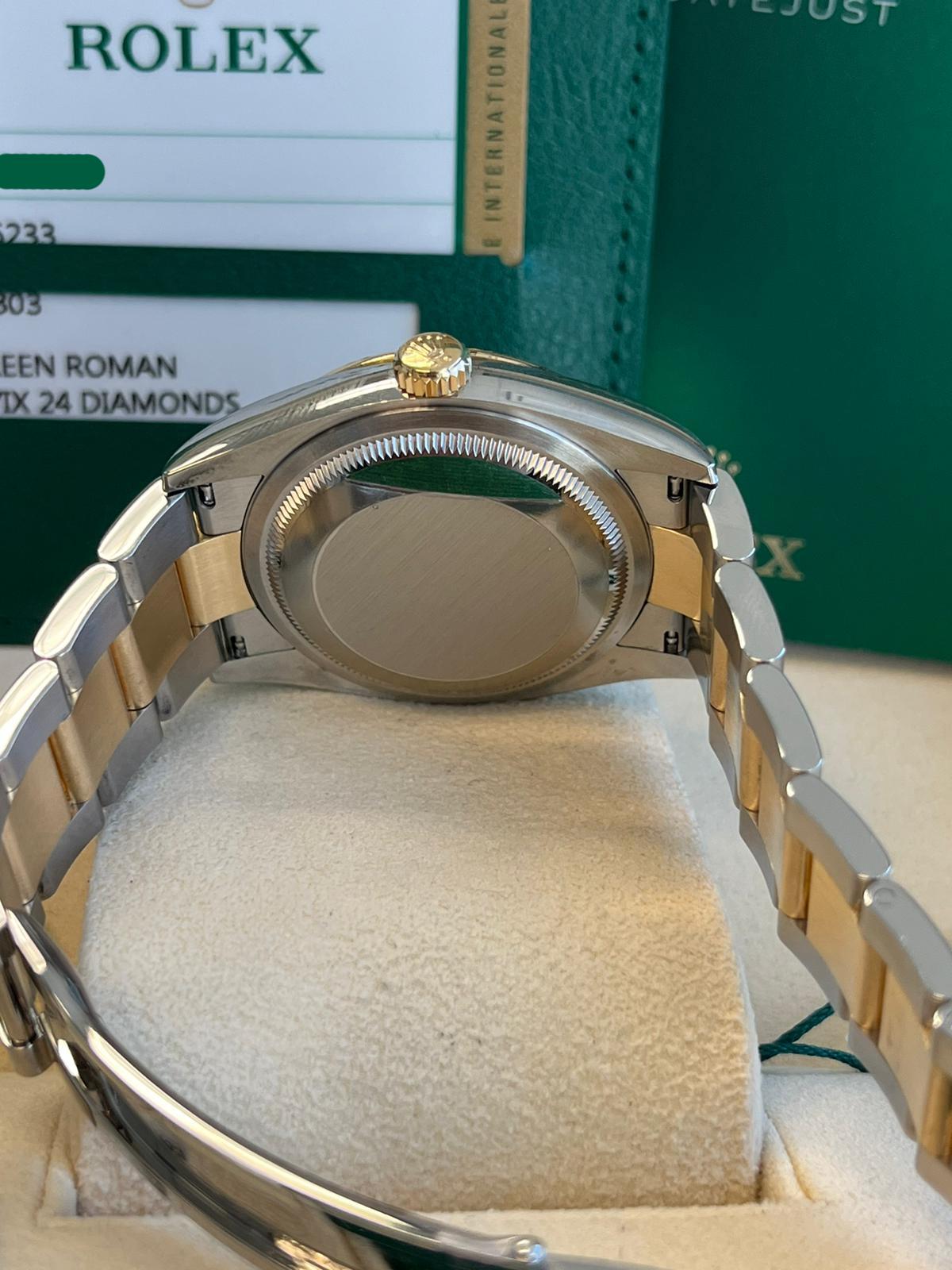 Rolex Datejust 36mm 18K Yellow Gold Fluted Olive Green Roman VI IX Dial 126233 For Sale 10