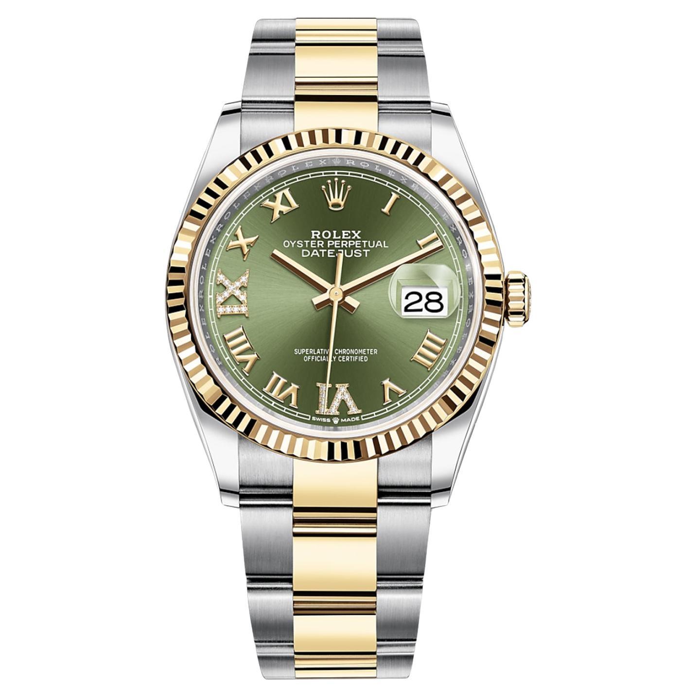 Rolex Datejust 36mm 18K Yellow Gold Fluted Olive Green Roman VI IX Dial 126233 For Sale
