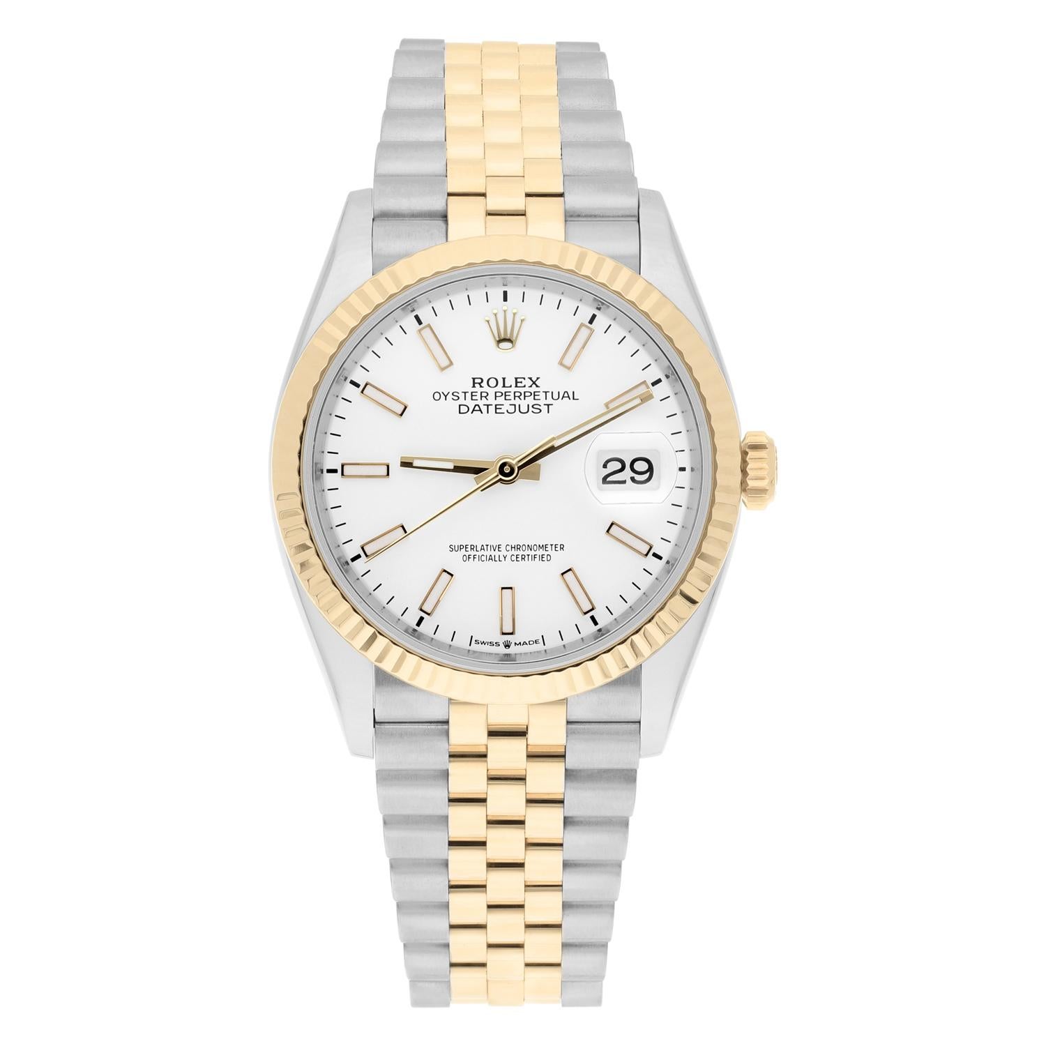 Lo stile senza tempo incontra la raffinatezza in questo orologio Rolex Datejust 36 mm. Realizzato in oro giallo 18 carati e acciaio inossidabile, vanta un quadrante con indici bianchi e puliti. Lucidato professionalmente e in ottime condizioni,