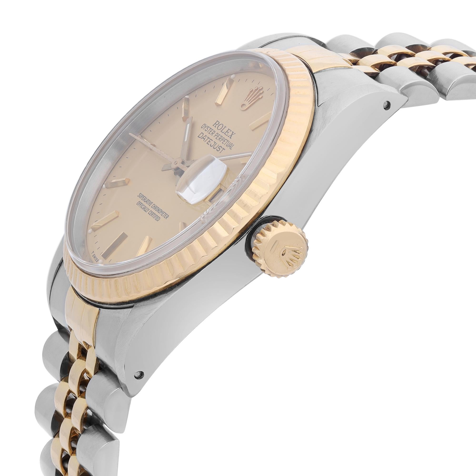Rolex Datejust 36mm 18k Gelbgold Stahl Champagner Zifferblatt Herrenuhr 16233 im Zustand „Relativ gut“ in New York, NY
