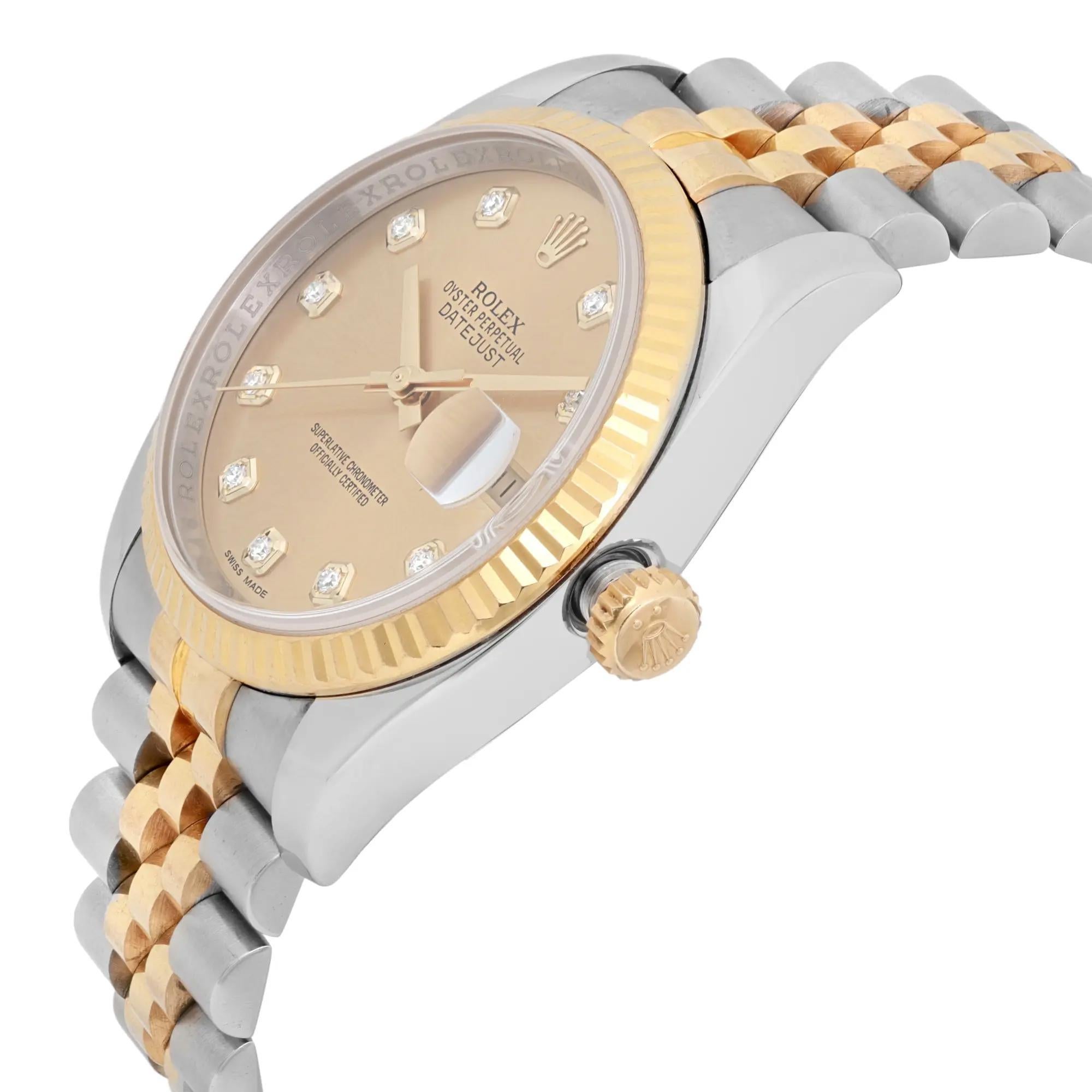Rolex Datejust 36mm 18K Yellow Gold Steel Champagne Diamond Watch 116233 Excellent état - En vente à New York, NY