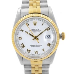 Rolex Datejust 18k Yellow Gold Steel White Roman Dial Mens Watch 16233