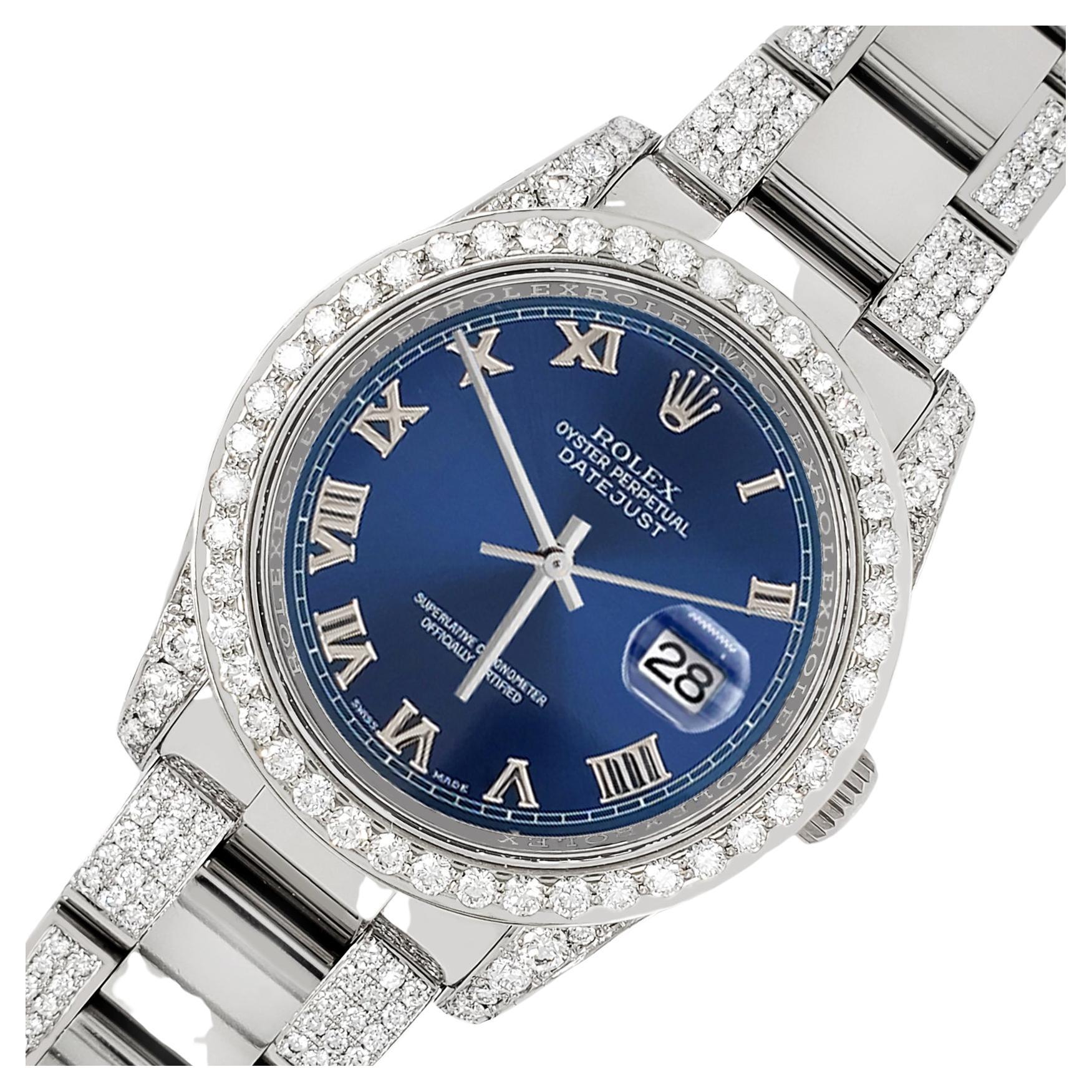 Rolex Datejust 36mm 5.9ct Diamond Bezel/Lugs/Bracelet/Blue Roman Dial Watch For Sale