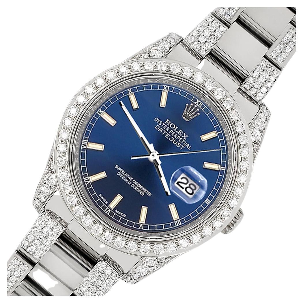 Rolex Datejust 36mm 5.9ct Diamond Bezel/Lugs/Bracelet/Blue Stick Dial Watch For Sale