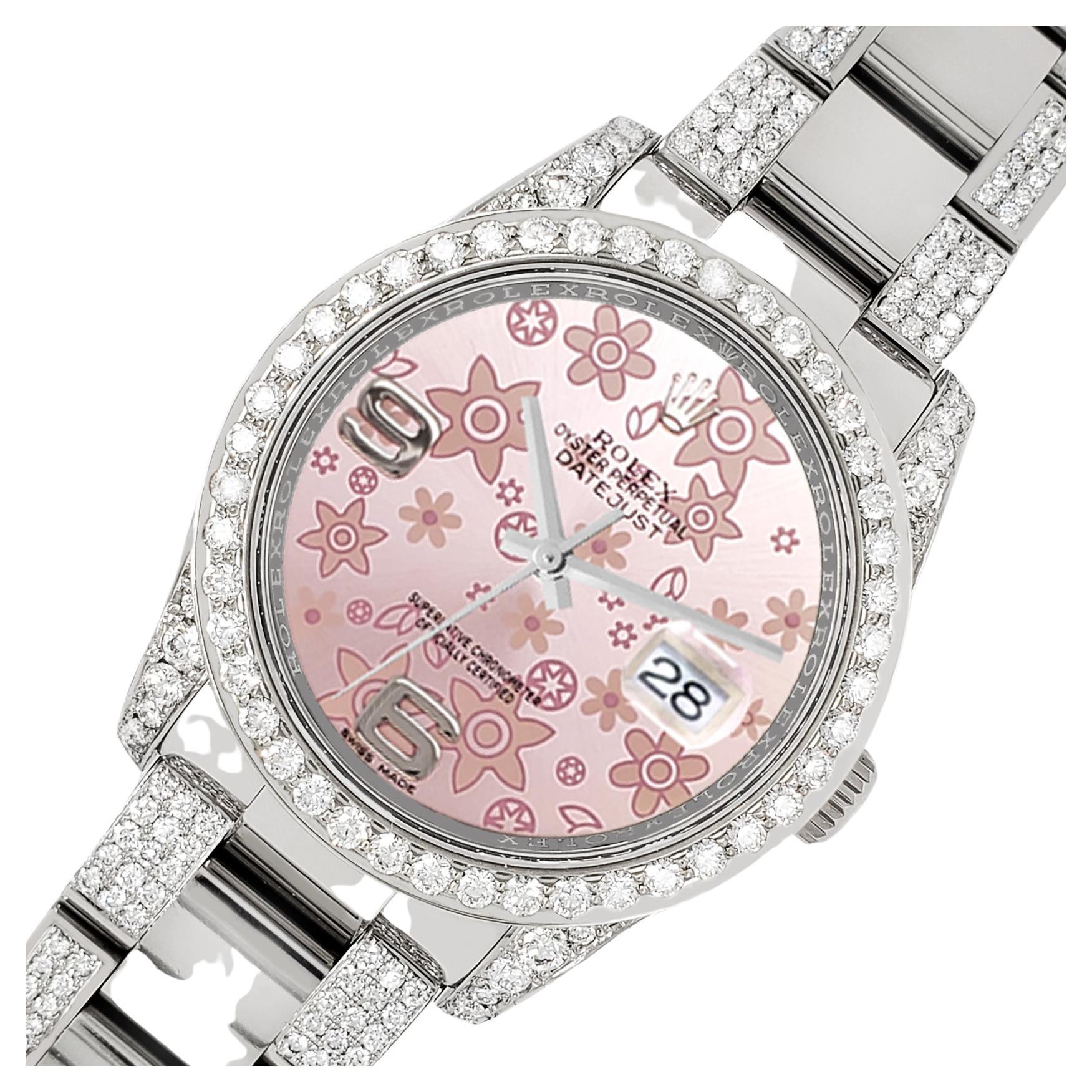 Rolex Datejust 36mm 5.9ct Diamond Bezel/Lugs/Bracelet/Pink Floral Dial Watch For Sale