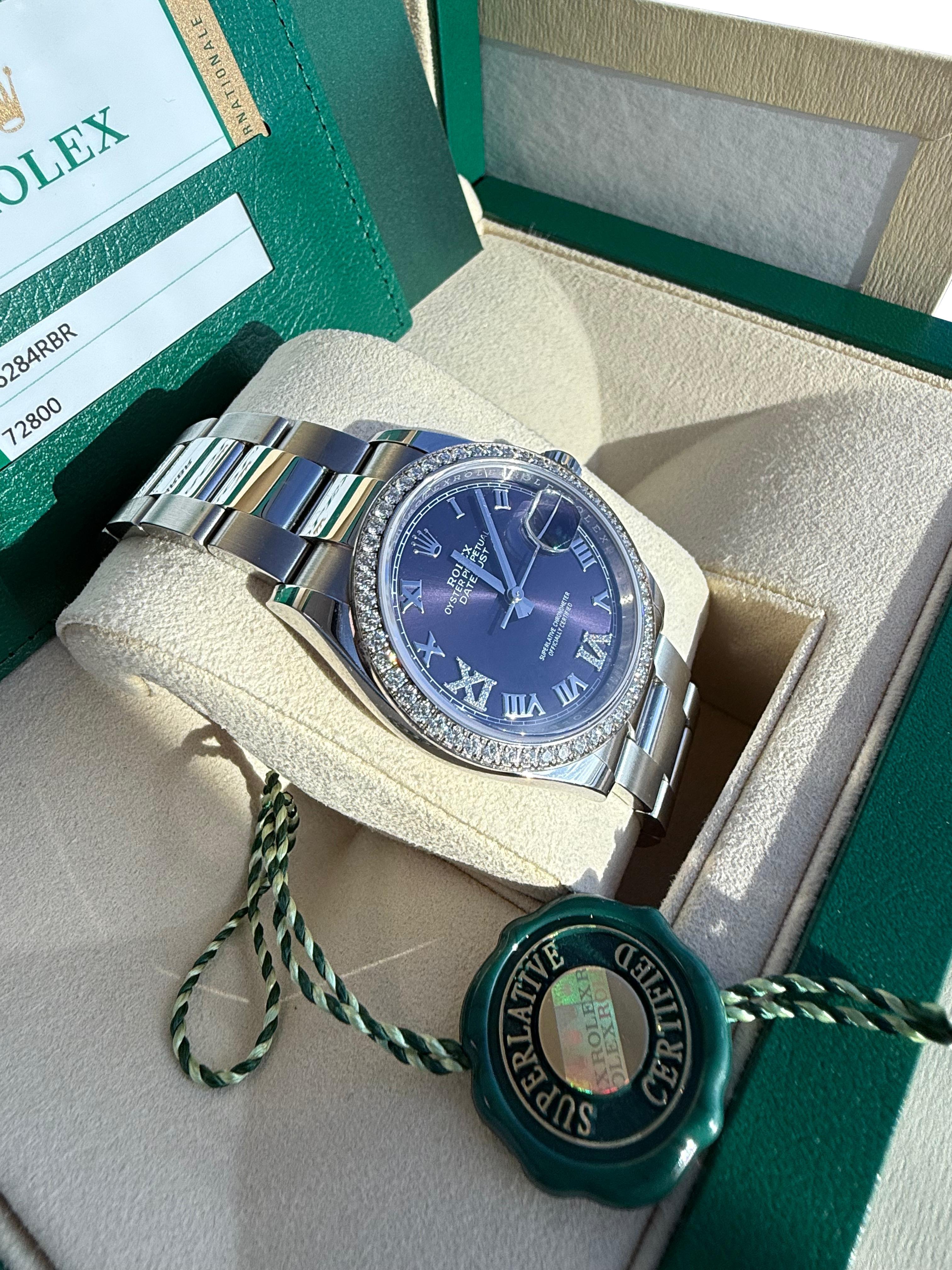 Rolex Datejust 36mm Aubergine Roman VI IX Diamond Dial Bezel Watch ...