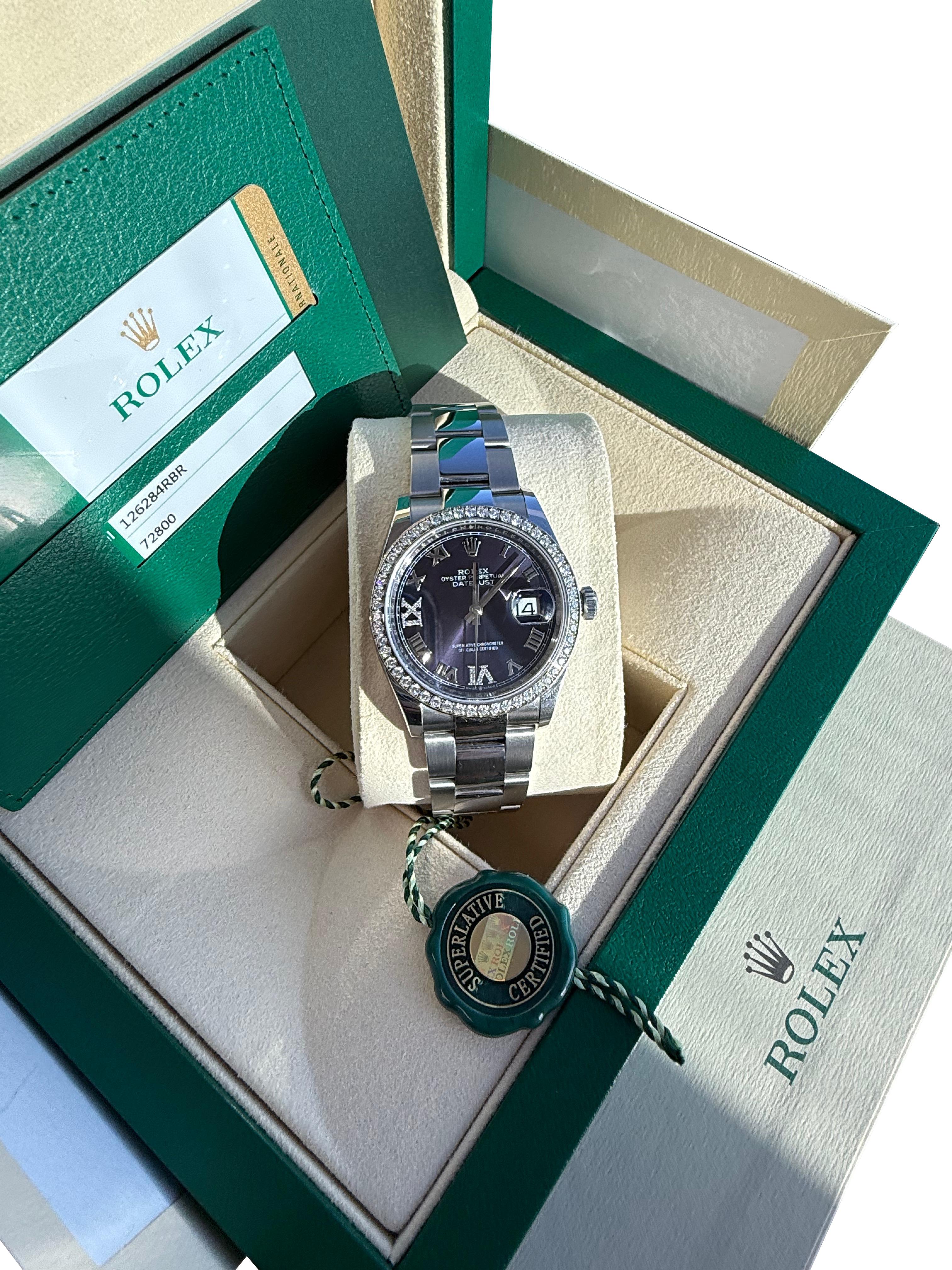 Rolex Datejust 36mm Aubergine Roman VI IX Diamond Dial Bezel Watch ...