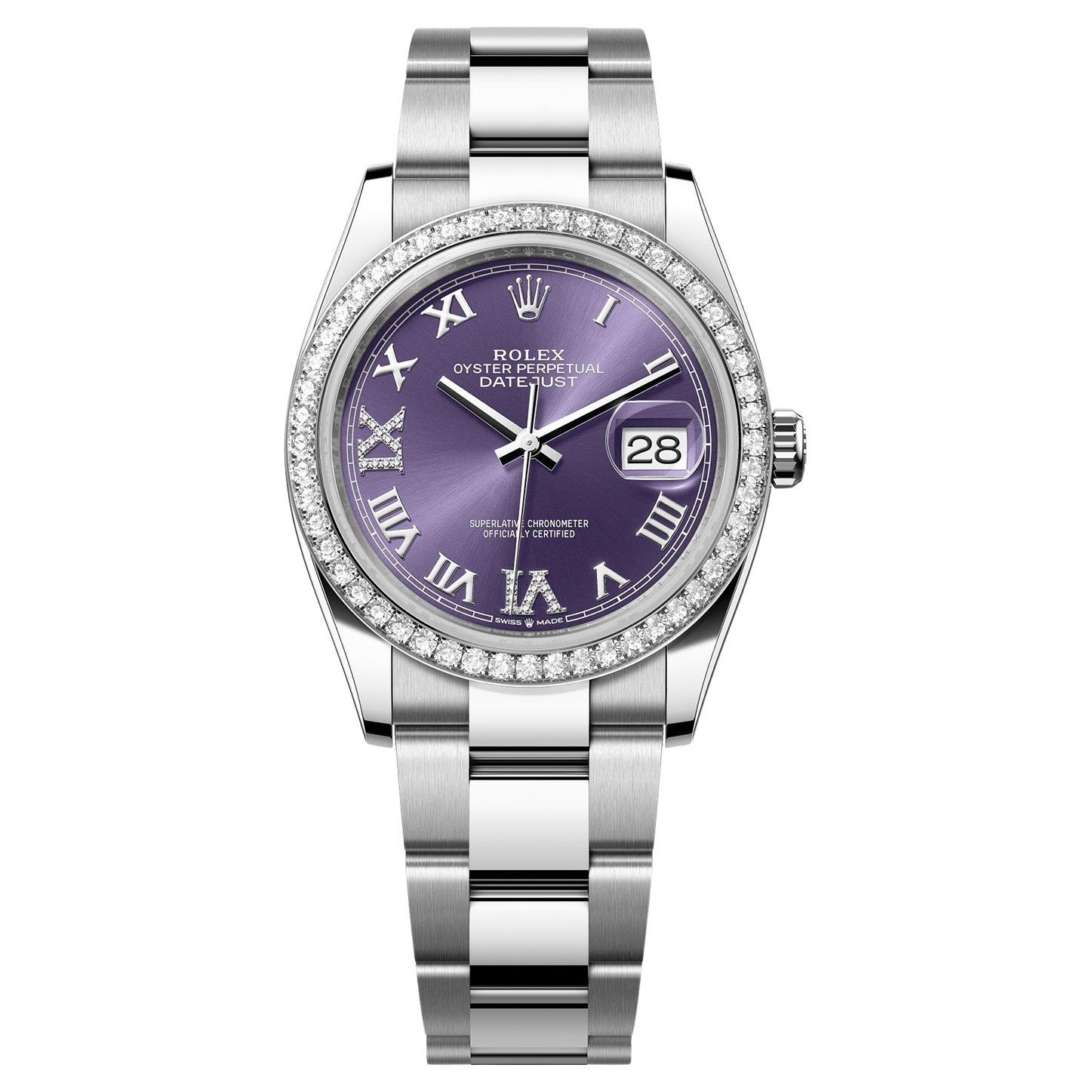 Reloj Rolex Datejust 36mm Berenjena Romano VI IX Esfera Diamante Bisel 126284RBR