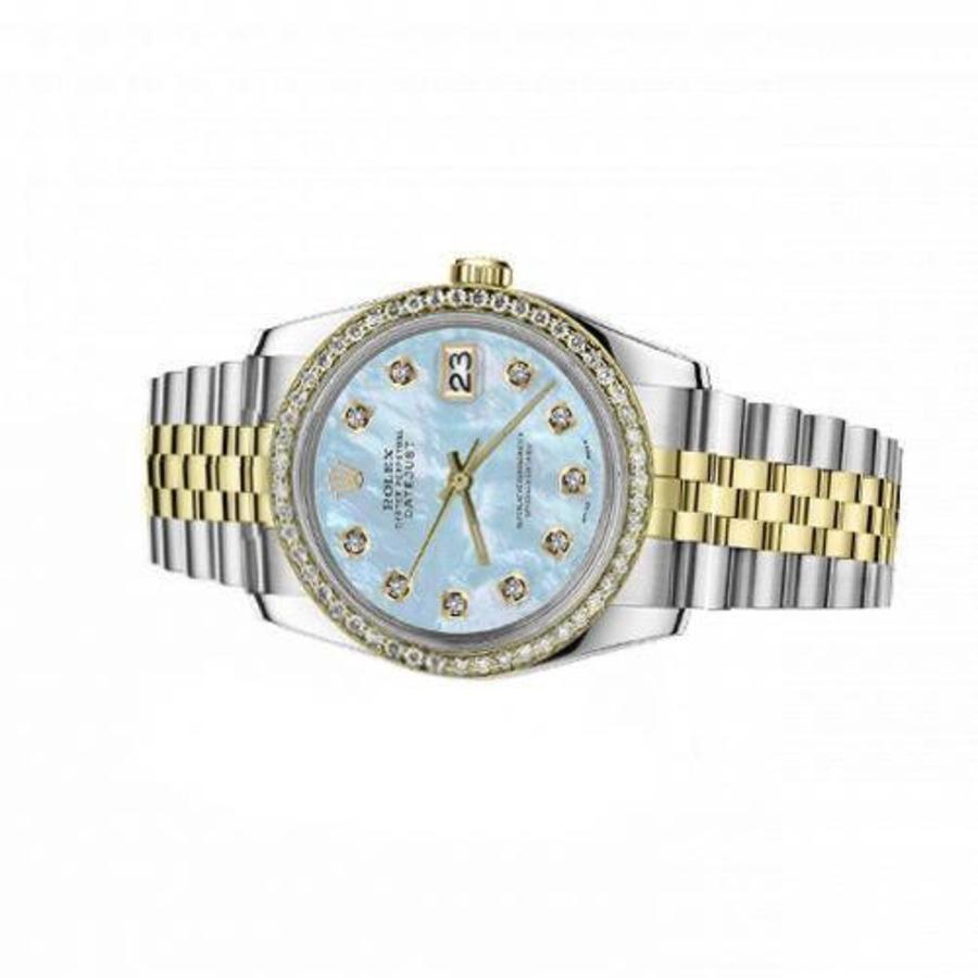 Rolex Datejust 36mm Baby Blue Mother Of Pearl Dial with Diamond Numbers & Diamond Bezel 16013

