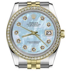 Rolex Datejust 36 mm Babyblaues MOP-Zifferblatt mit Diamantennummern und Diamant-Lünette