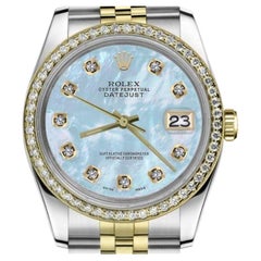 Retro Rolex Datejust 36mm Baby Blue MOP Dial with Diamond Numbers & Diamond Bezel