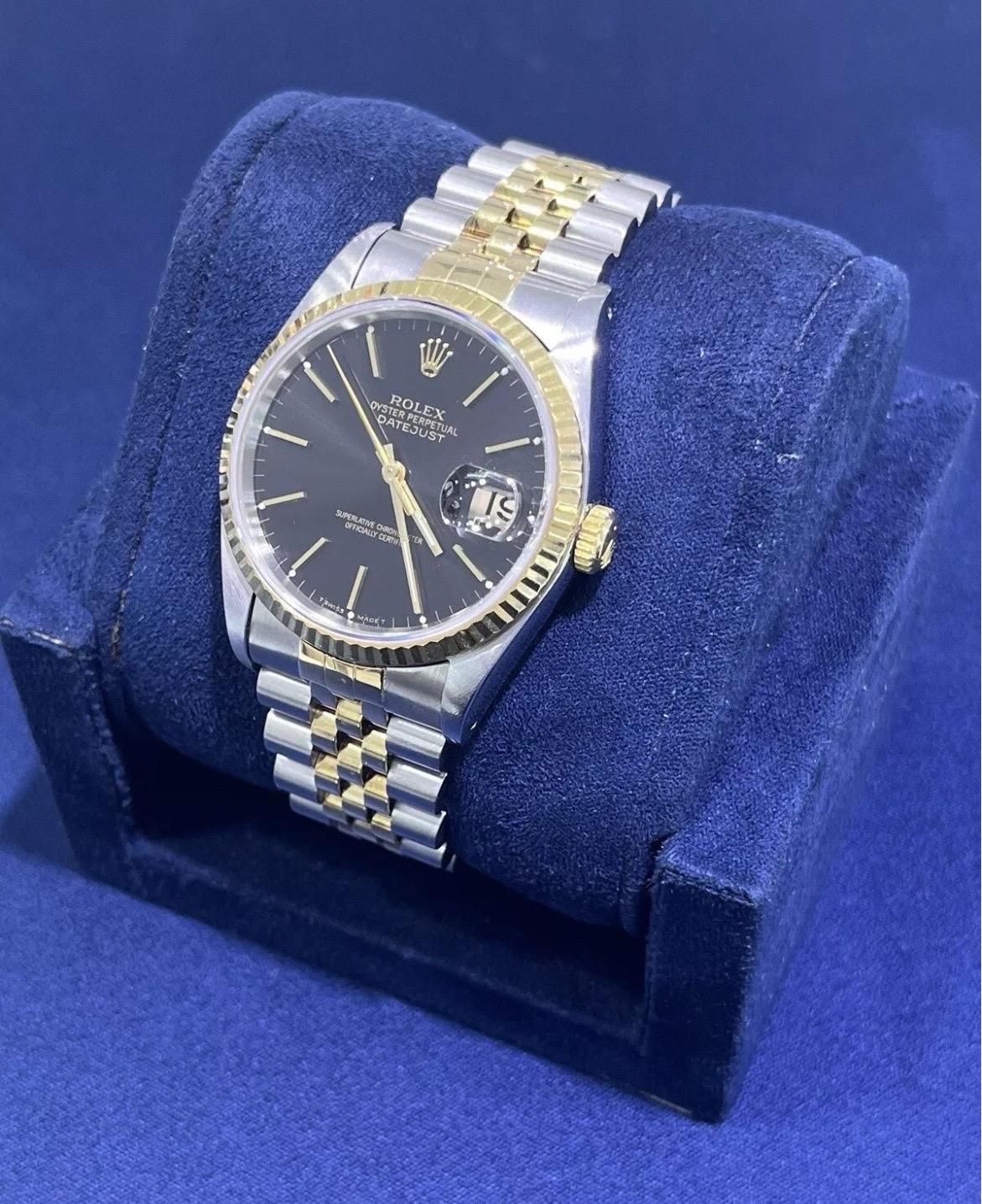Rolex DateJust 36mm Schwarzes Zifferblatt 18K Gold Edelstahl Jubiläumsuhr 16233 im Zustand „Gut“ im Angebot in Boca Raton, FL