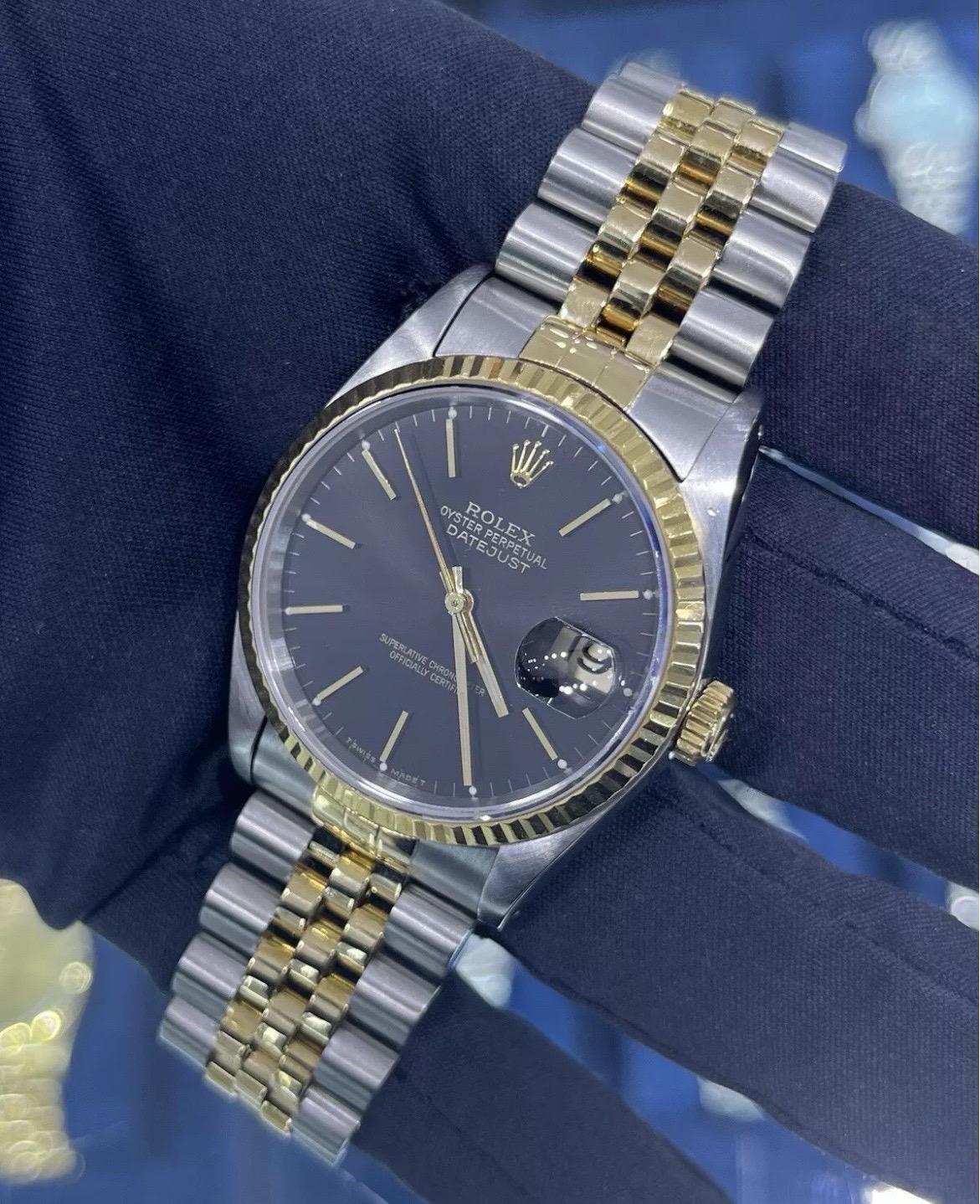 Rolex DateJust 36mm Schwarzes Zifferblatt 18K Gold Edelstahl Jubiläumsuhr 16233 im Angebot 3