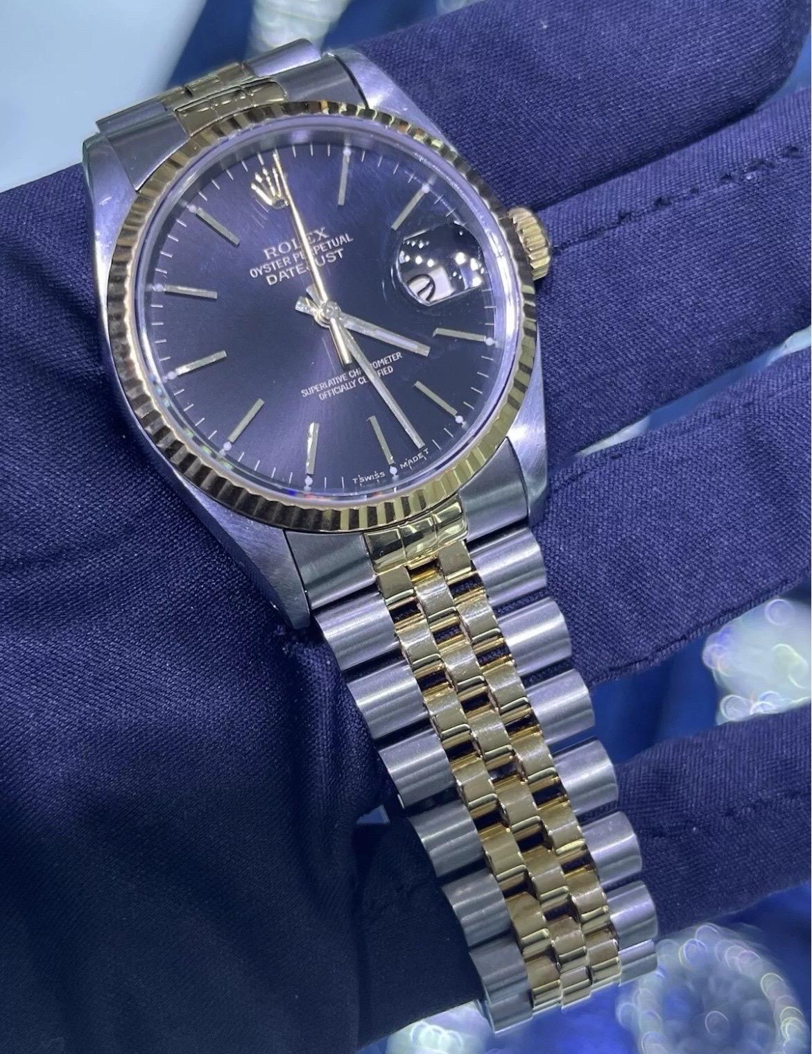 Rolex DateJust 36mm Schwarzes Zifferblatt 18K Gold Edelstahl Jubiläumsuhr 16233 im Angebot 4