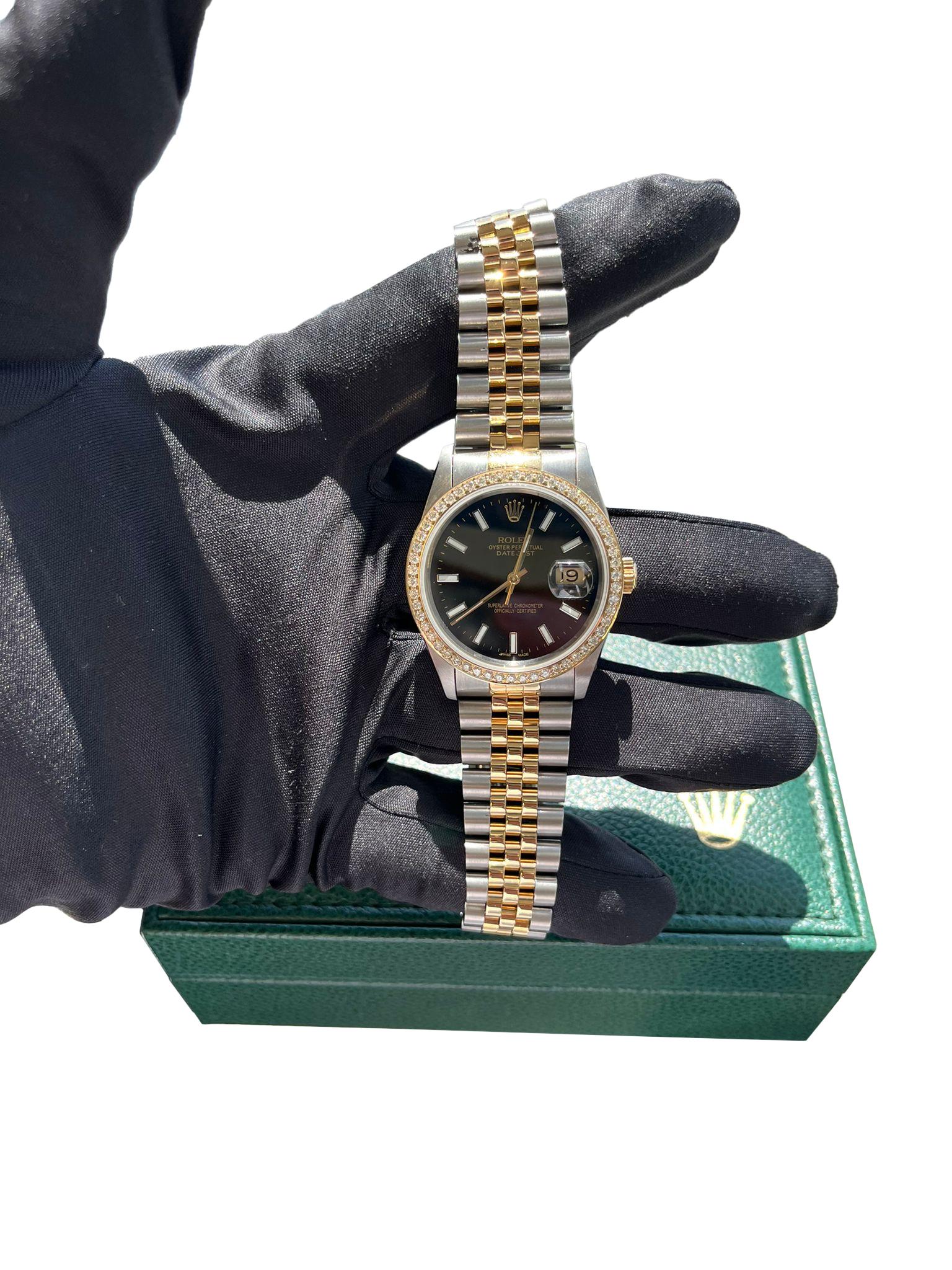 Rolex Datejust 36mm Black Dial 18K Yellow Gold Custom Diamond Bezel Watch 16233 For Sale 5