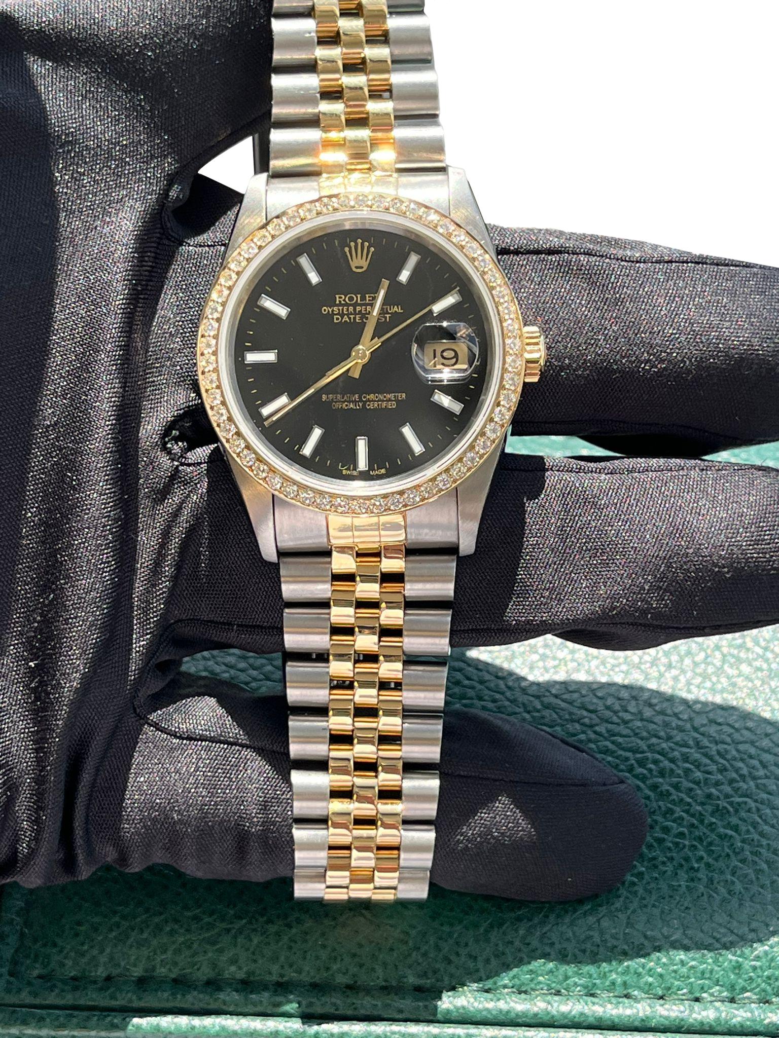 Rolex Datejust 36mm Black Dial 18K Yellow Gold Custom Diamond Bezel Watch 16233 For Sale 6