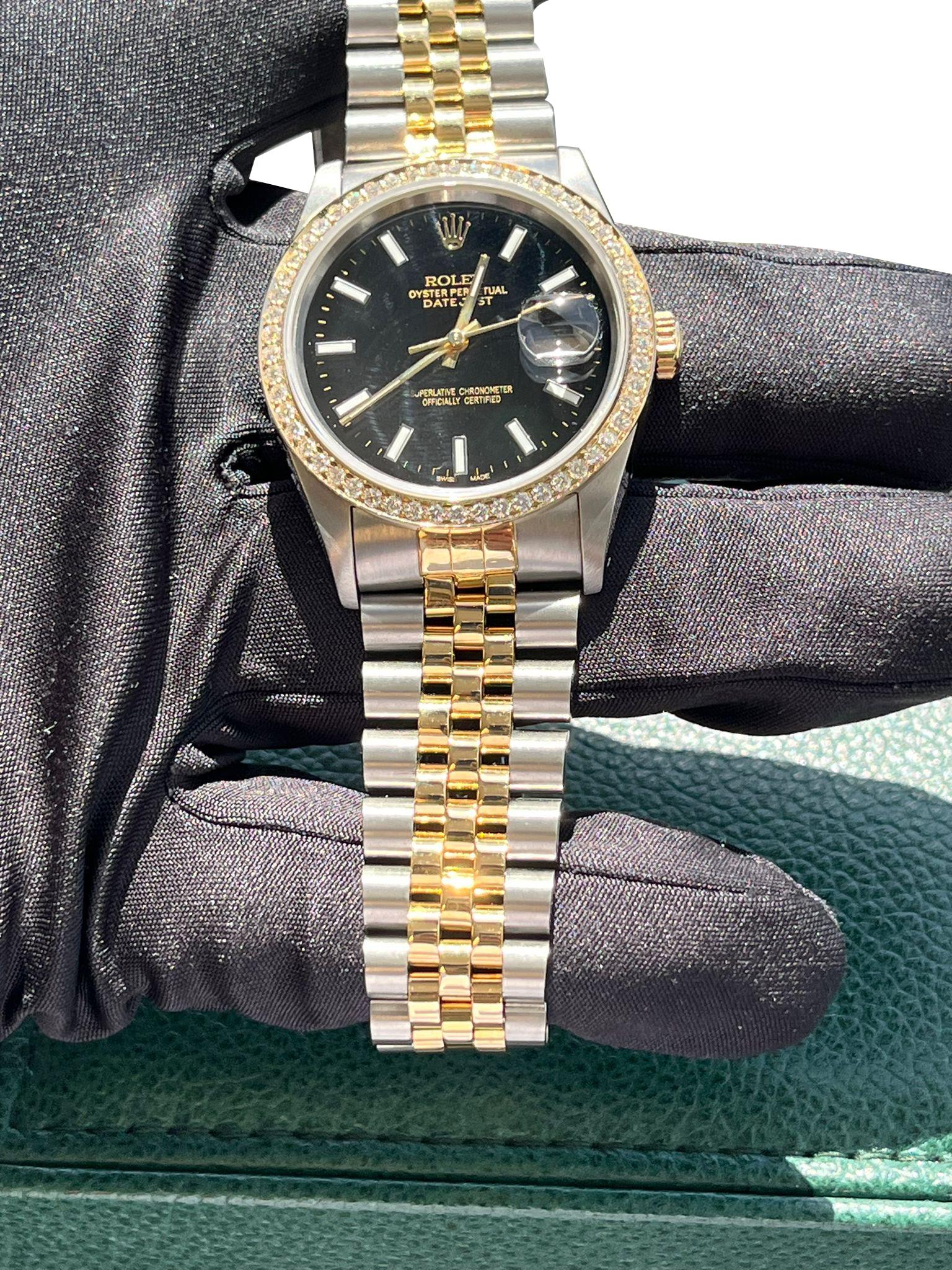 Rolex Datejust 36mm Black Dial 18K Yellow Gold Custom Diamond Bezel Watch 16233 For Sale 8