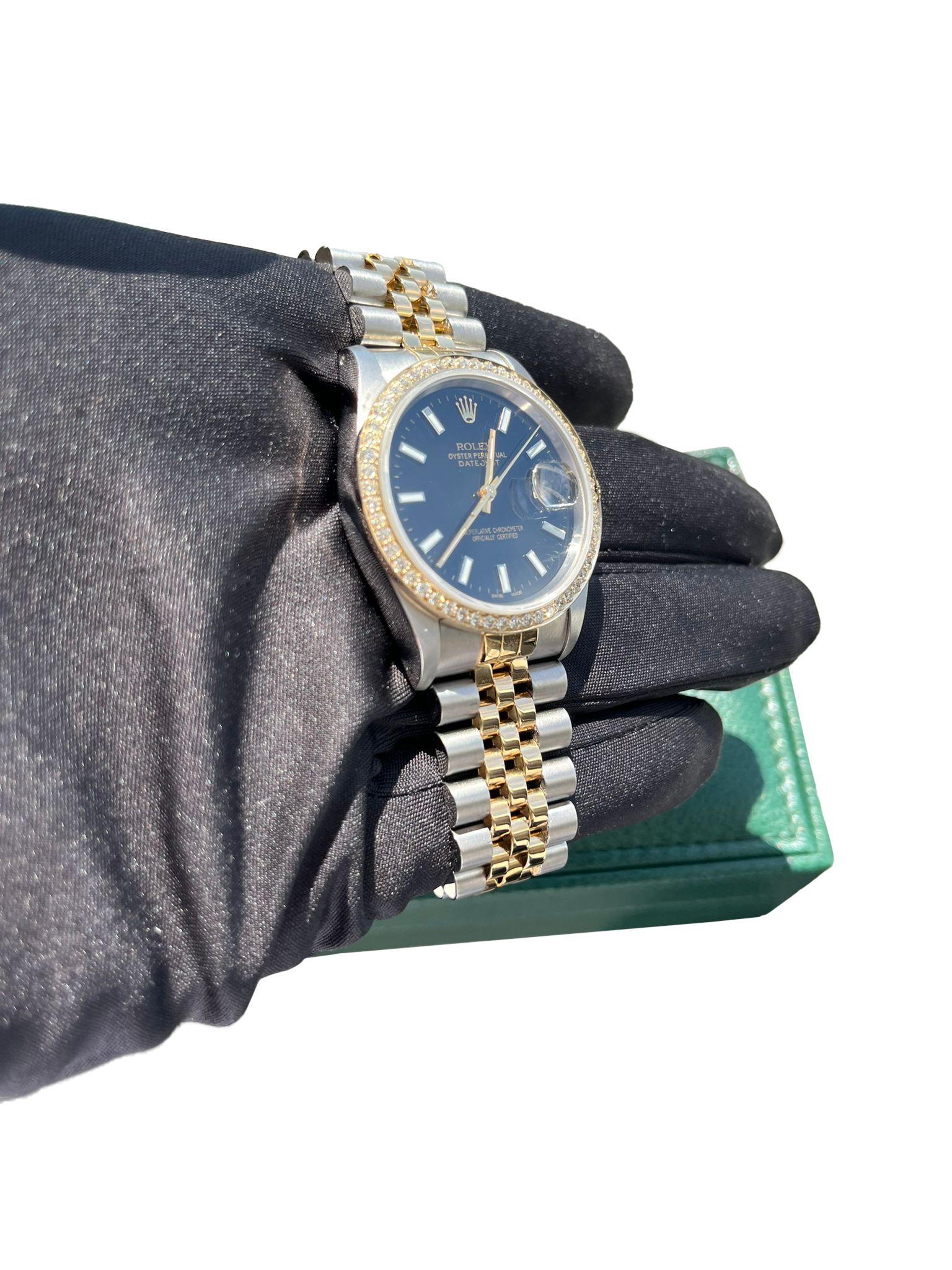 Rolex Datejust 36mm Black Dial 18K Yellow Gold Custom Diamond Bezel Watch 16233 For Sale 9