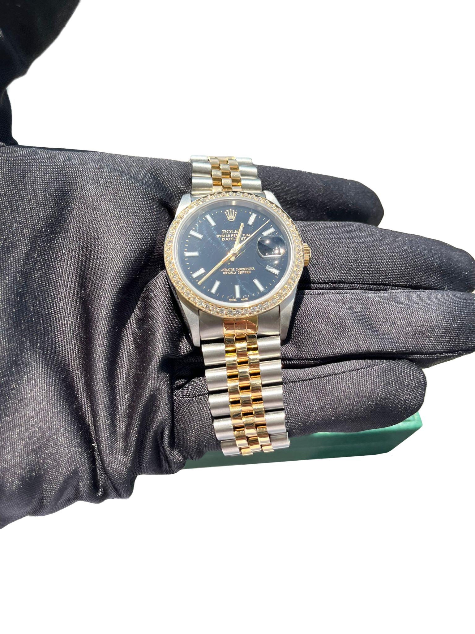 Rolex Datejust 36mm Black Dial 18K Yellow Gold Custom Diamond Bezel Watch 16233 For Sale 11