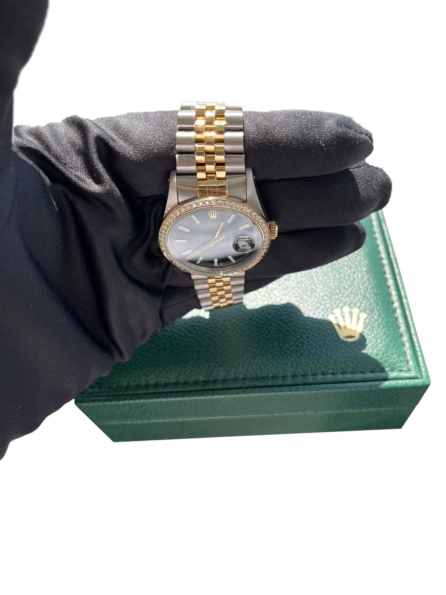 Rolex Datejust 36mm Black Dial 18K Yellow Gold Custom Diamond Bezel Watch 16233 For Sale 12