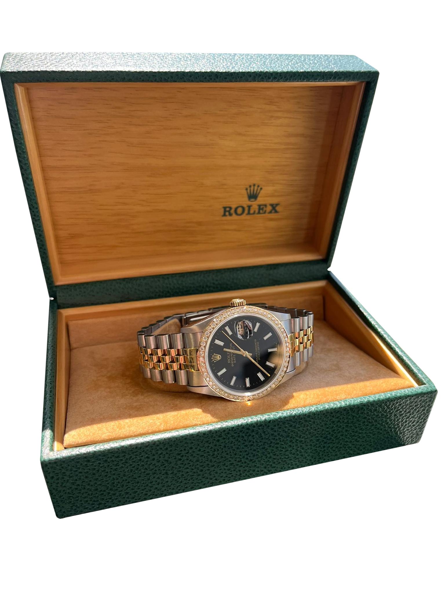 Modernist Rolex Datejust 36mm Black Dial 18K Yellow Gold Custom Diamond Bezel Watch 16233 For Sale