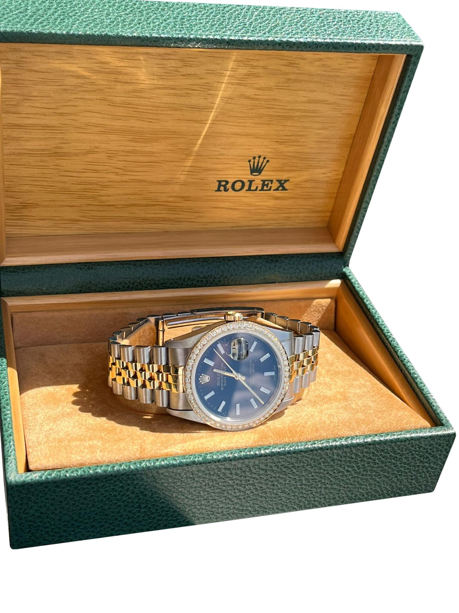 Round Cut Rolex Datejust 36mm Black Dial 18K Yellow Gold Custom Diamond Bezel Watch 16233 For Sale