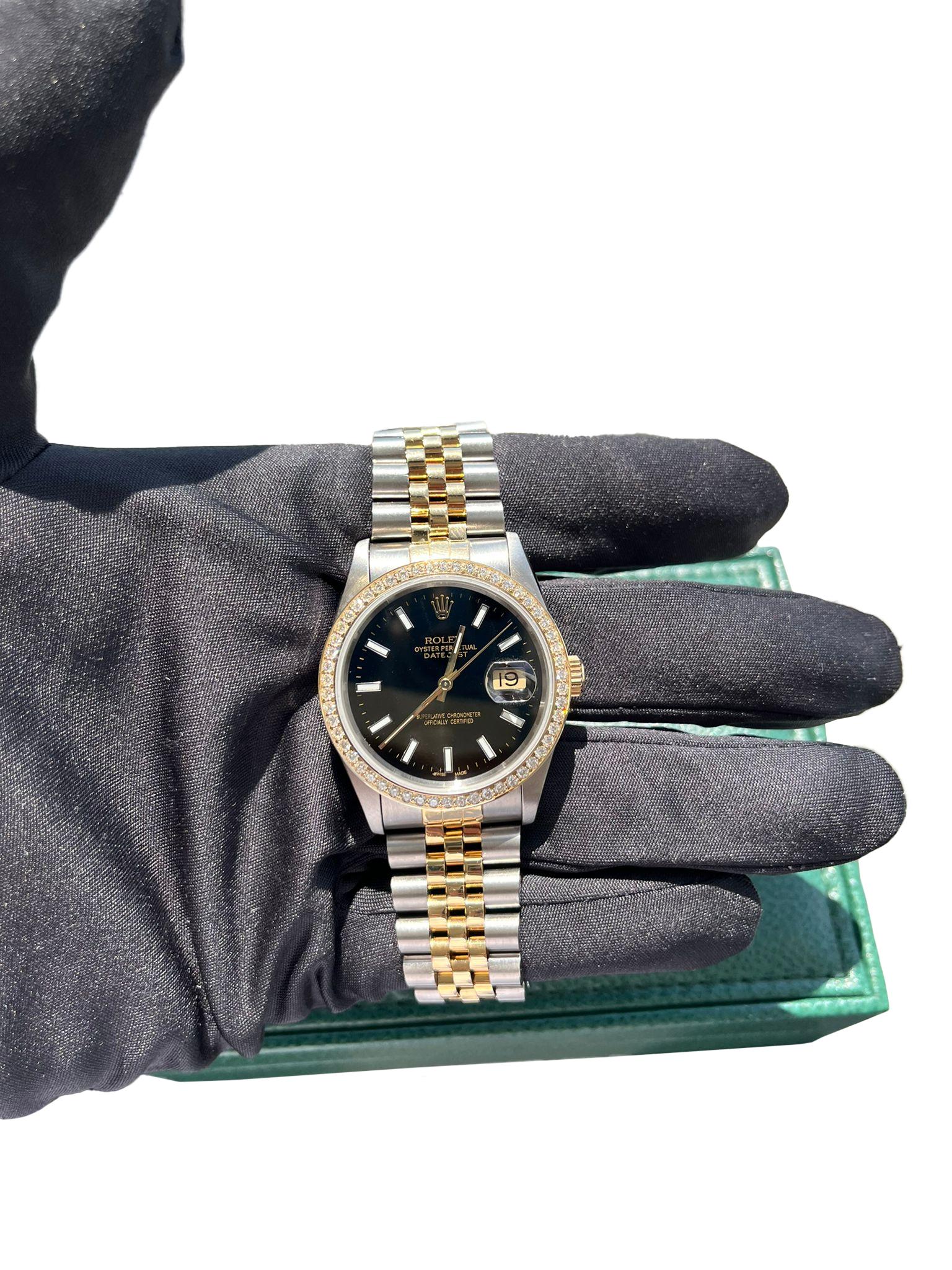 Rolex Datejust 36mm Black Dial 18K Yellow Gold Custom Diamond Bezel Watch 16233 For Sale 2