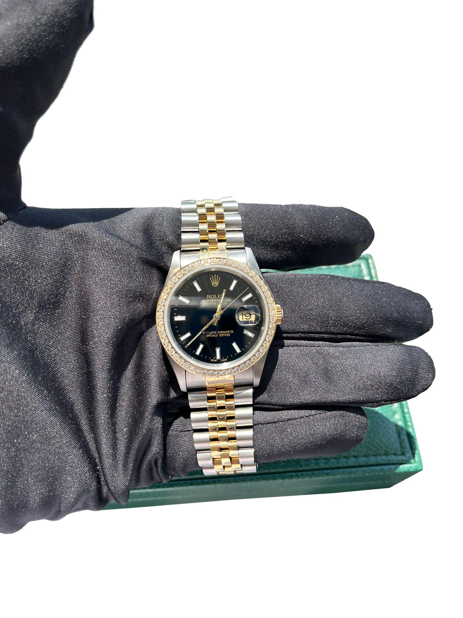 Rolex Datejust 36mm Black Dial 18K Yellow Gold Custom Diamond Bezel Watch 16233 For Sale 3