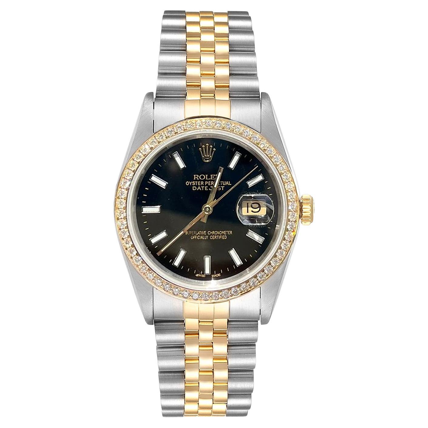 Rolex Datejust 36mm Black Dial 18K Yellow Gold Custom Diamond Bezel Watch 16233 For Sale