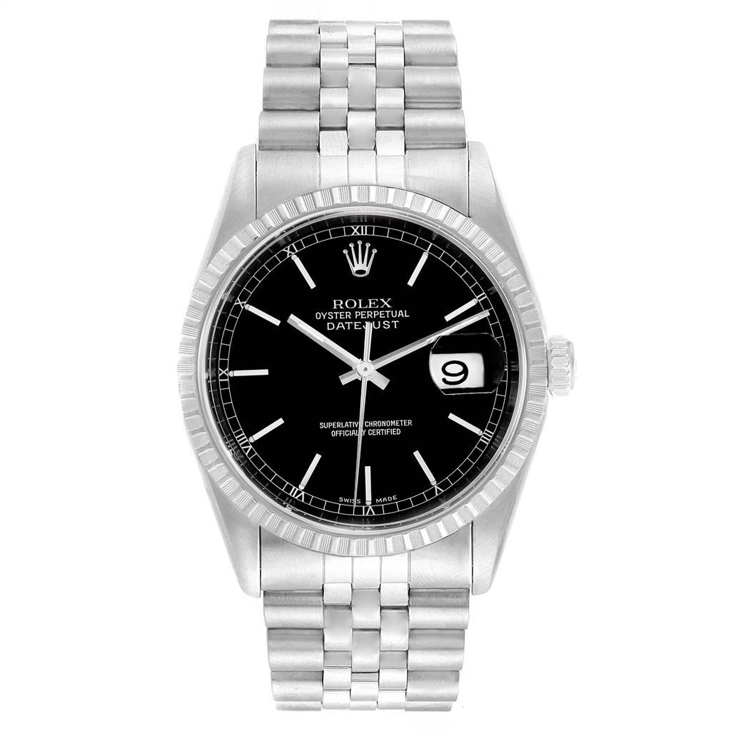 Rolex Datejust 36mm Black Dial Jubilee Bracelet Steel Mens Watch 16220. Officially certified chronometer self-winding movement. Stainless steel oyster case 36.0 mm in diameter. Rolex logo on a crown. Stainless steel engine turned bezel. Scratch