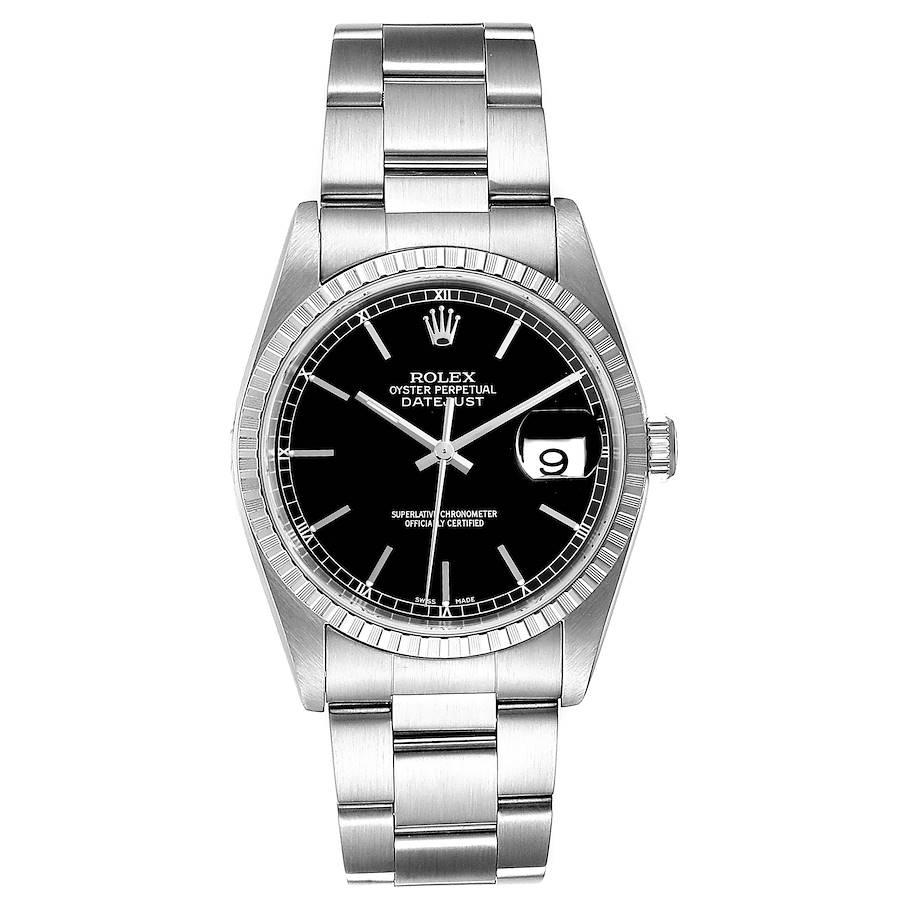 Rolex Datejust 36mm Black Dial Oyster Bracelet Steel Mens Watch 16220 Box Papers. Officially certified chronometer self-winding movement with quickset date function. Stainless steel oyster case 36.0 mm in diameter. Rolex logo on a crown. Stainless