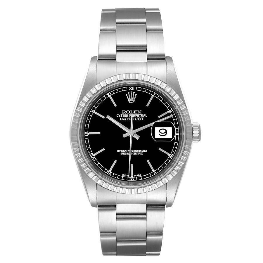 Rolex Datejust 36mm Black Dial Oyster Bracelet Steel Mens Watch 16220. Officially certified chronometer self-winding movement with quickset date function. Stainless steel oyster case 36.0 mm in diameter. Rolex logo on a crown. Stainless steel engine