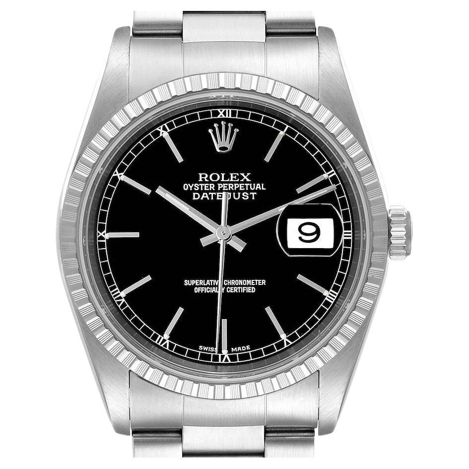 Rolex Datejust Black Dial Oyster Bracelet Steel Mens Watch 16220 For Sale